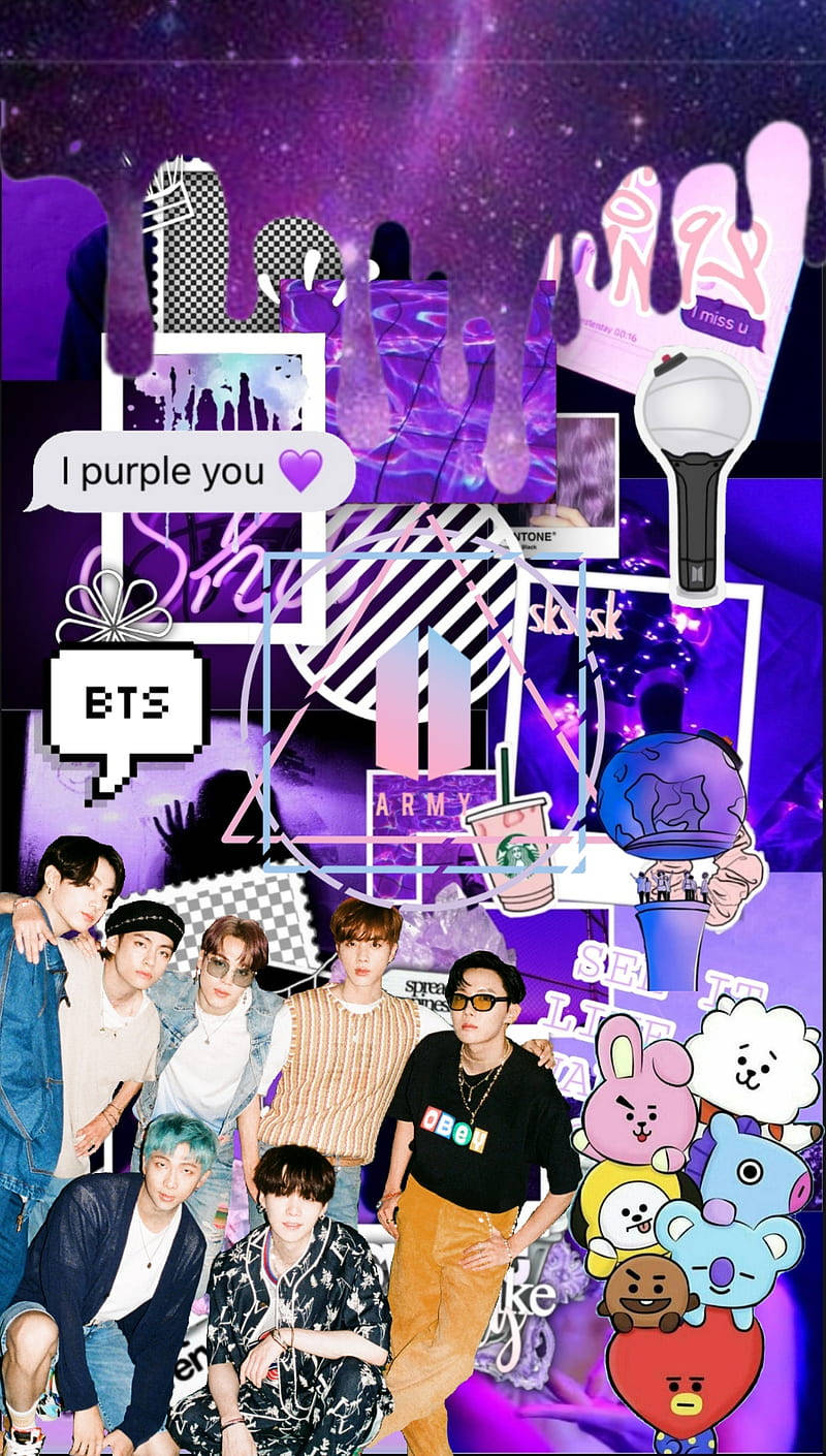 BTS 美學 桌布 壁紙 — 充滿活力的紫色BTS粉絲桌布拼貼，包含團體照片、周邊商品和卡通人物，背景是星空。