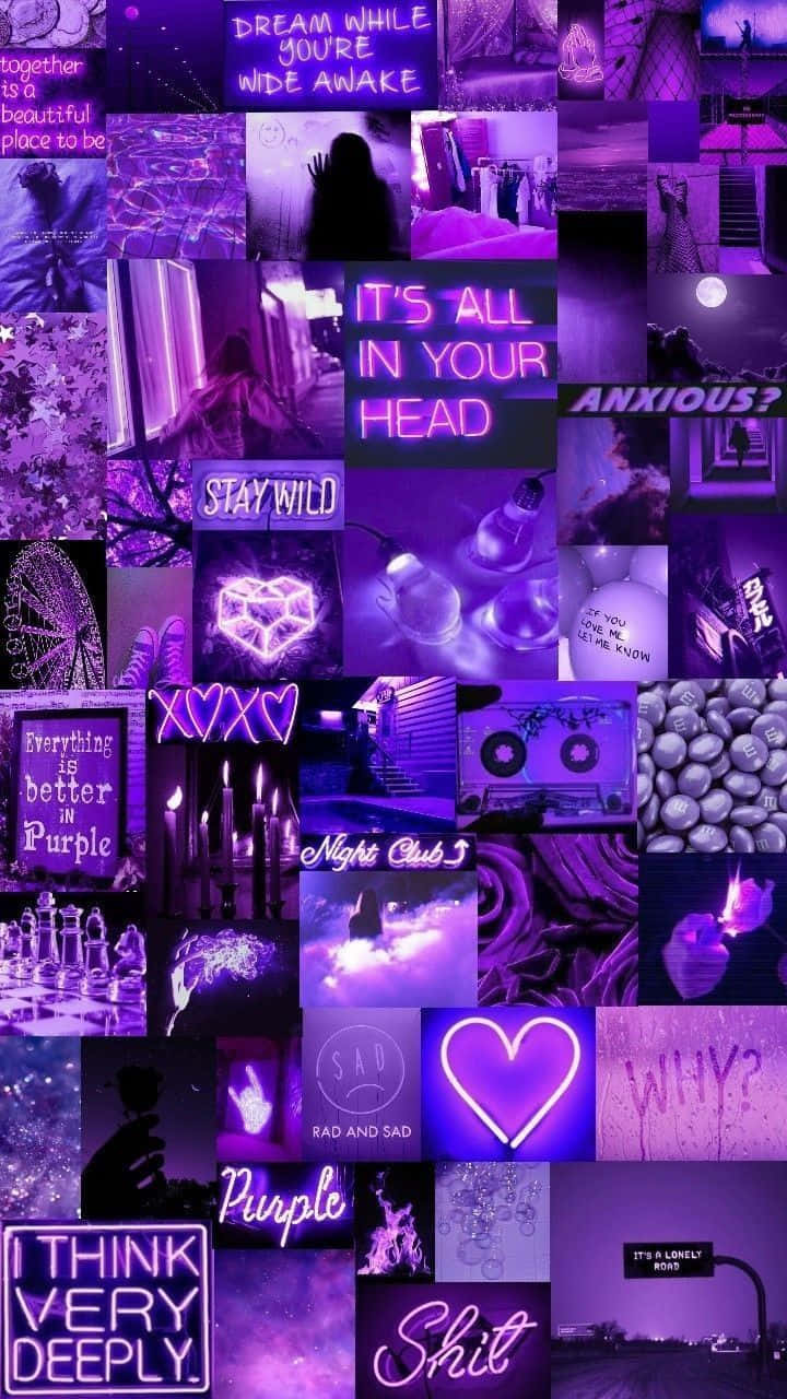 Purple Collage 桌布 壁紙 — 充滿活力的紫色主題拼貼畫，包含霓虹燈牌、剪影和文字片段，喚起內省和夜生活。