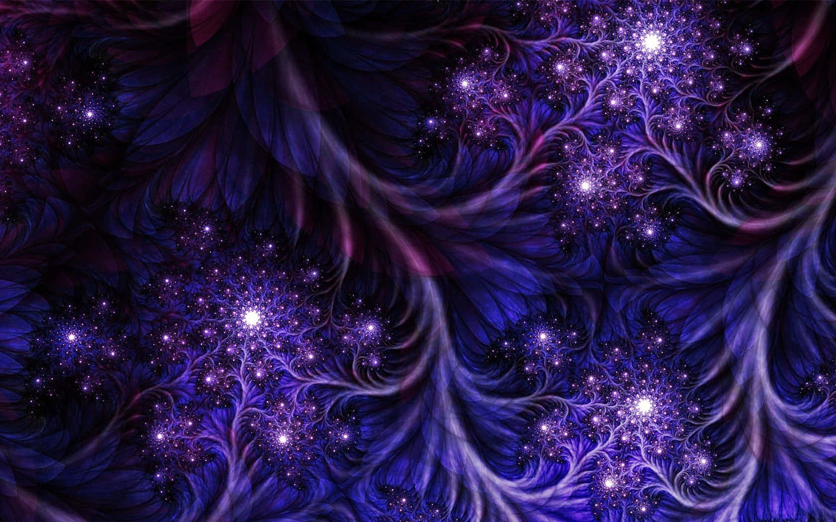 Purple Abstract 桌布 壁紙 — 充滿活力的紫色分形圖案在黑暗的宇宙背景下旋轉，帶有發光的星狀光點。