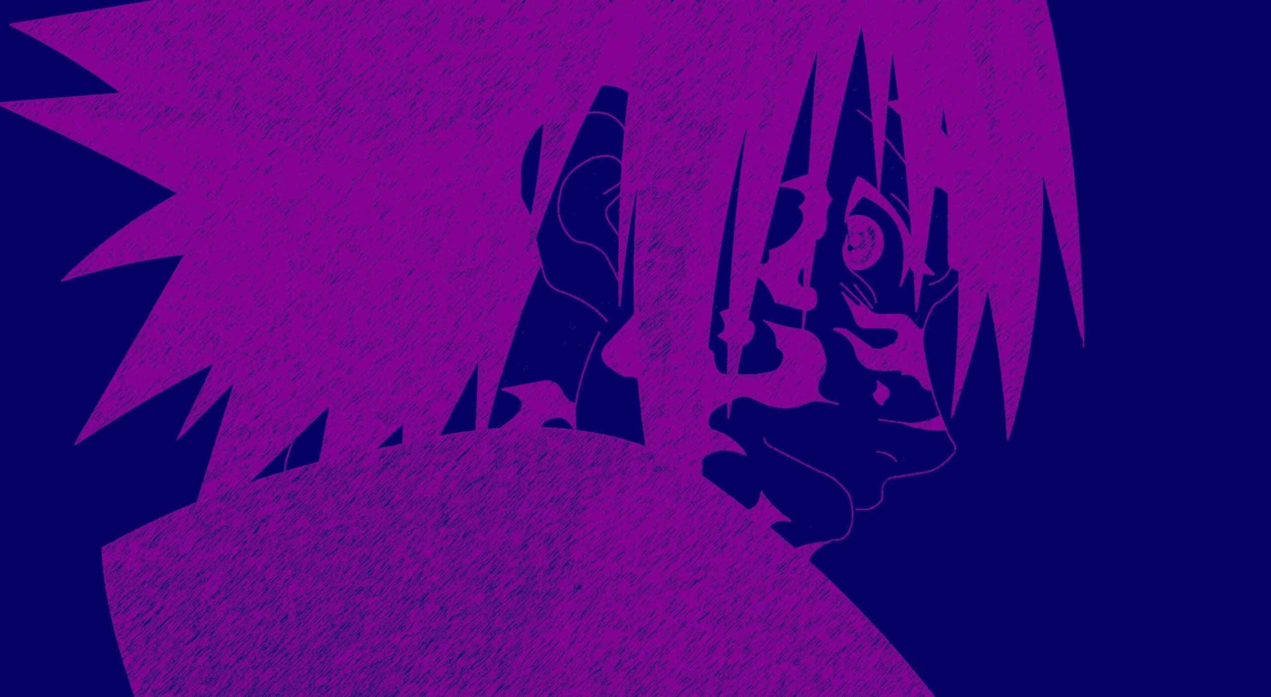 Sasuke Uchiha Cursed Mark 桌布 壁紙 — 充滿活力的紫色動漫角色剪影，帶有尖刺頭髮和強烈的眼睛，背景為深藍色紋理。