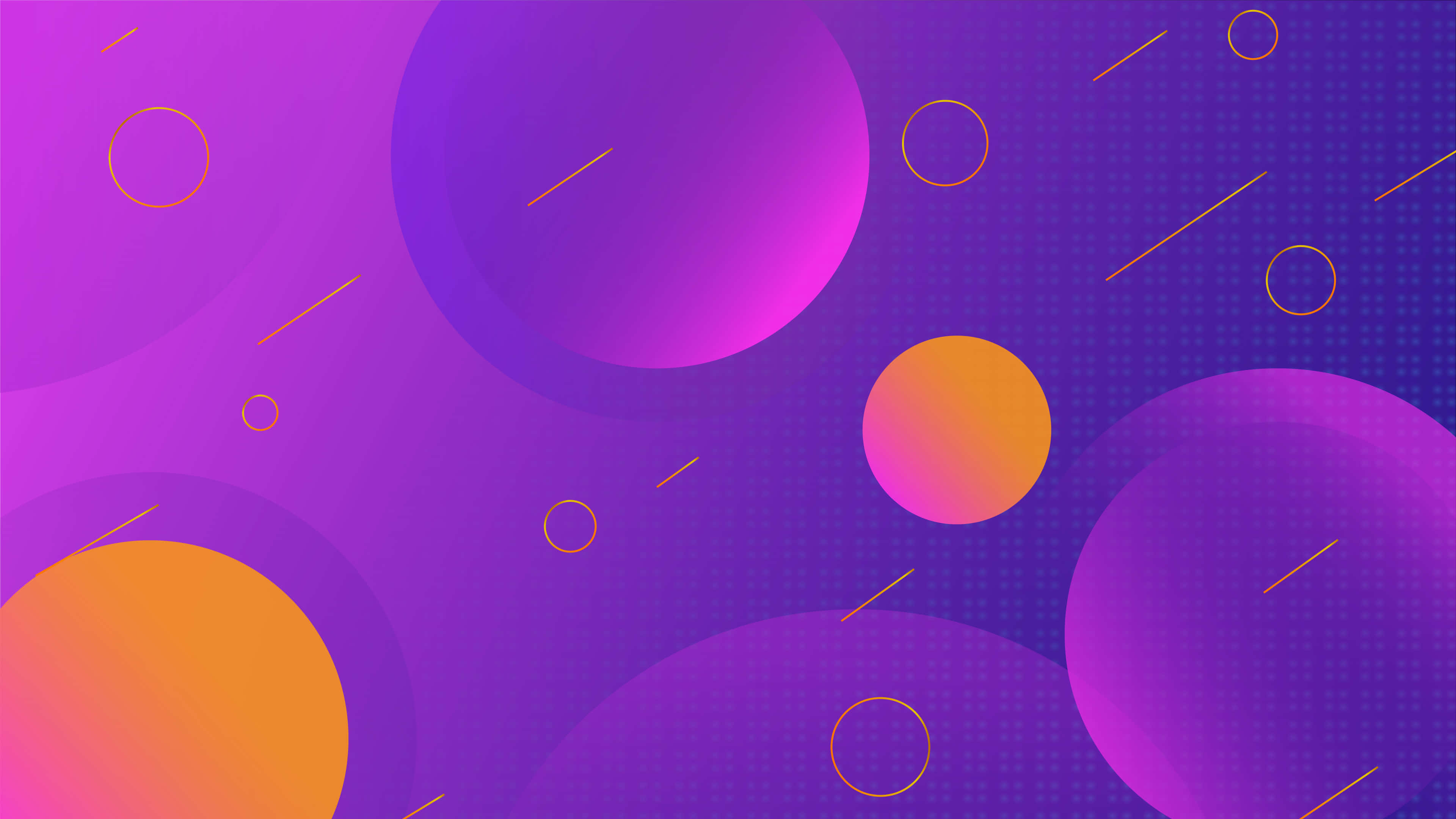 Circle 桌布 壁紙 — 充滿活力的紫色和橙色漸變圓圈漂浮在帶有細金線的圓點背景上。
