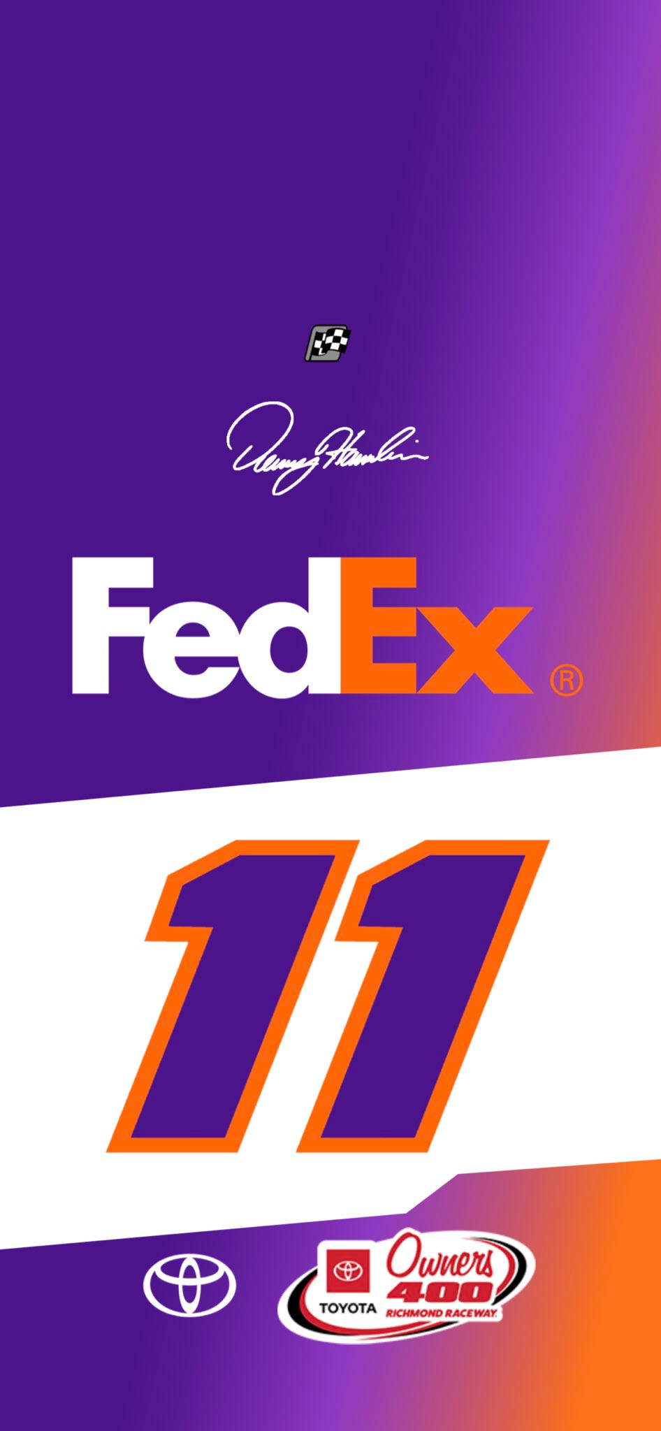 Denny Hamlin 桌布 壁紙 — 充滿活力的紫色和橙色漸變桌布， featuring FedEx 11 賽車號碼、Denny Hamlin 簽名和 Toyota Owners 400 標誌。