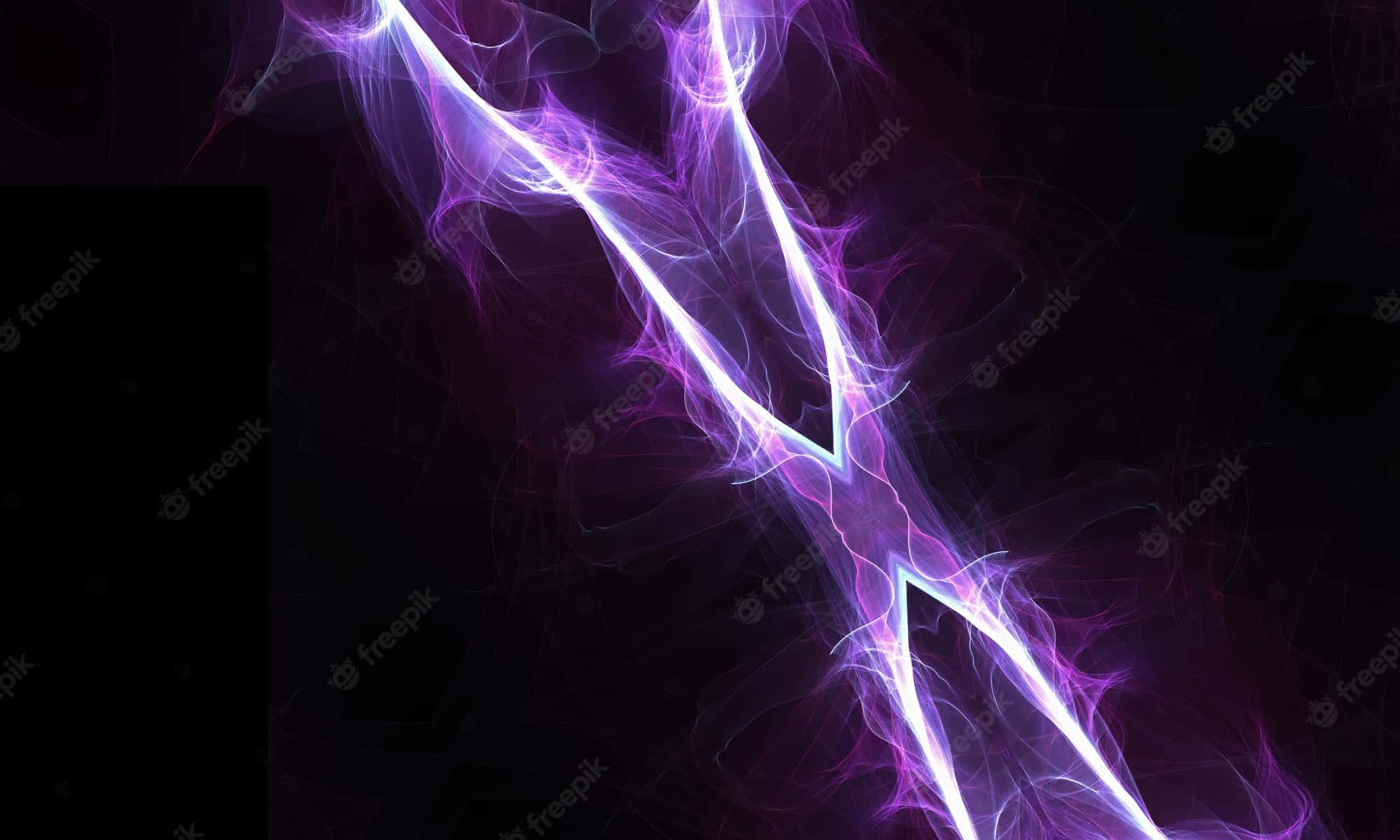 Purple Lightning 桌布 壁紙 — 充滿活力的紫色和白色碎形能量流在深黑色背景上動態扭轉。