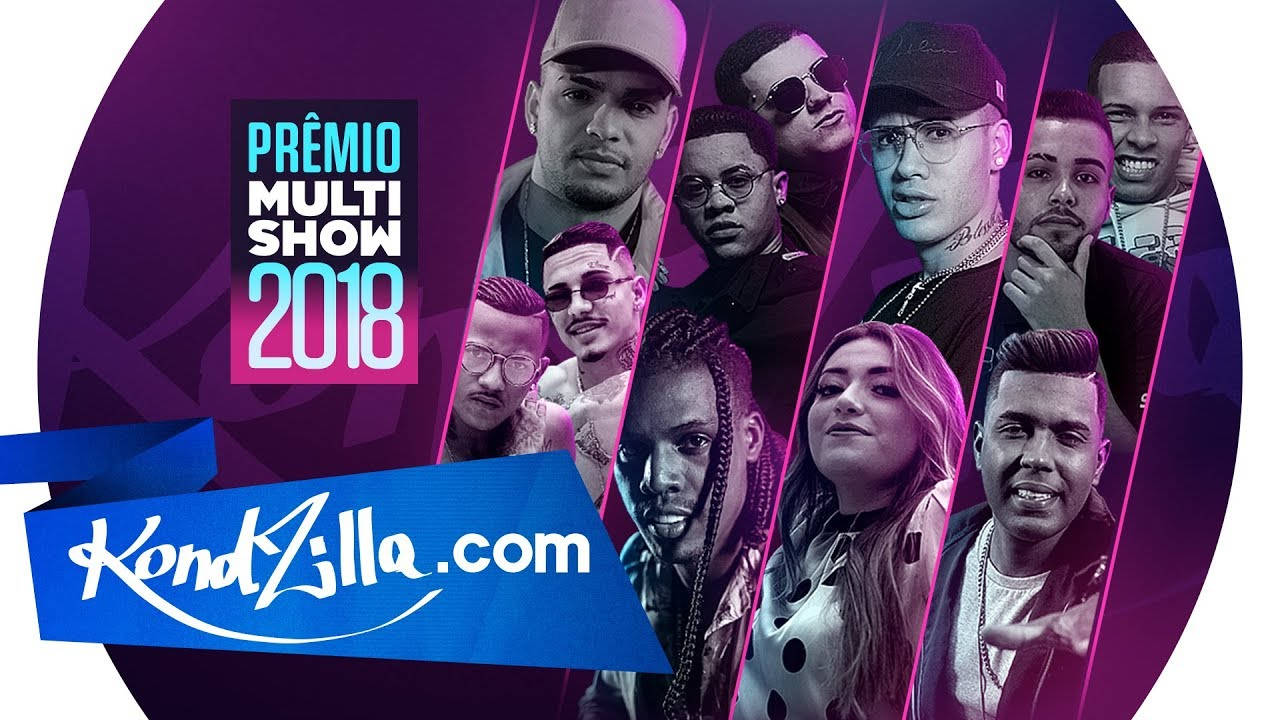 音樂 桌布 壁紙 — 充滿活力的紫色和粉紅色圖形，以2018年Prêmio Multishow活動中的多個名人肖像為特色，帶有KendZilla.com品牌標識。