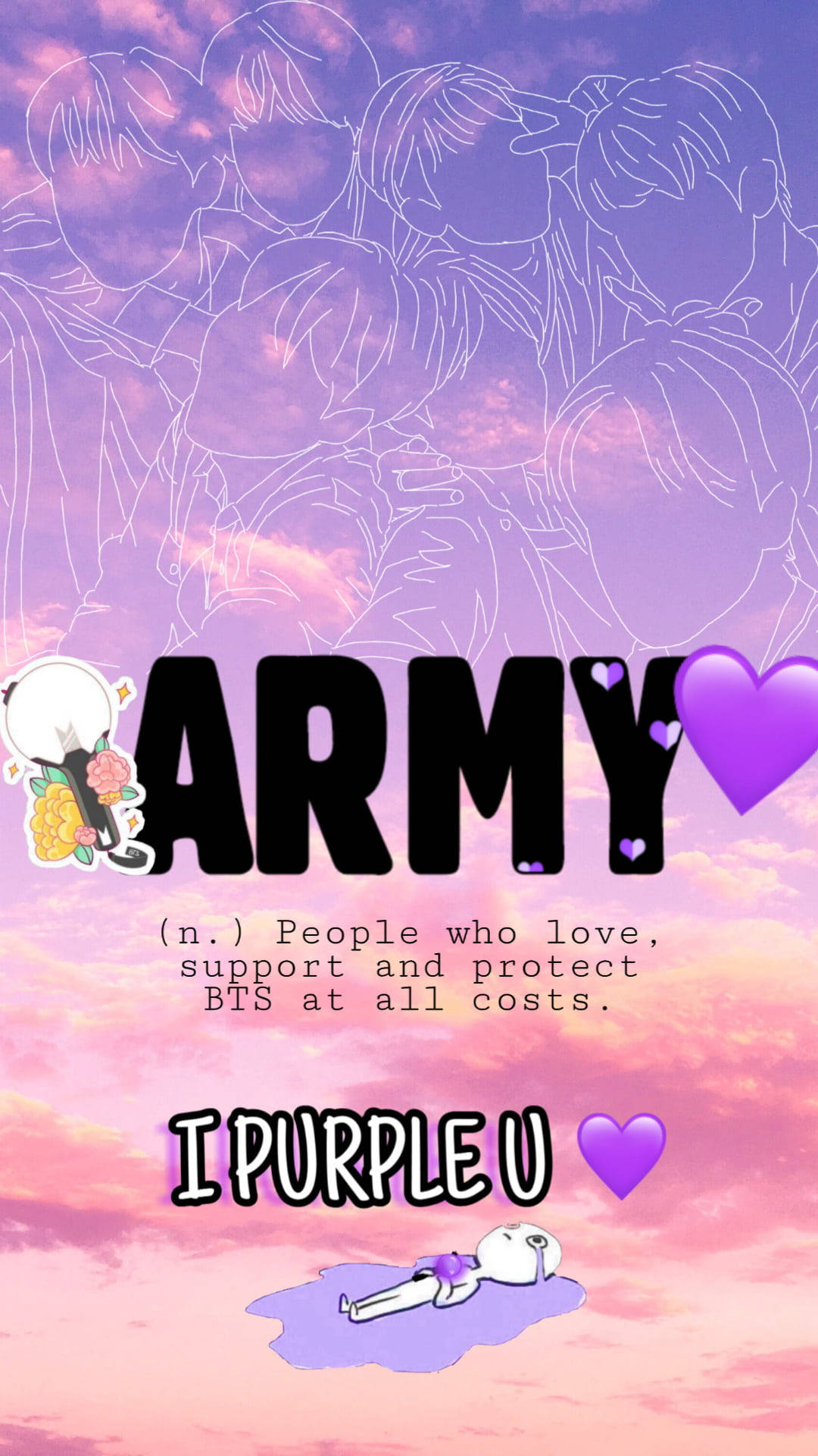BTS粉絲社群ARMY定義，在粉彩天空背景下帶有紫色心形和動漫角色。 — BTS ARMY GIF 壁紙