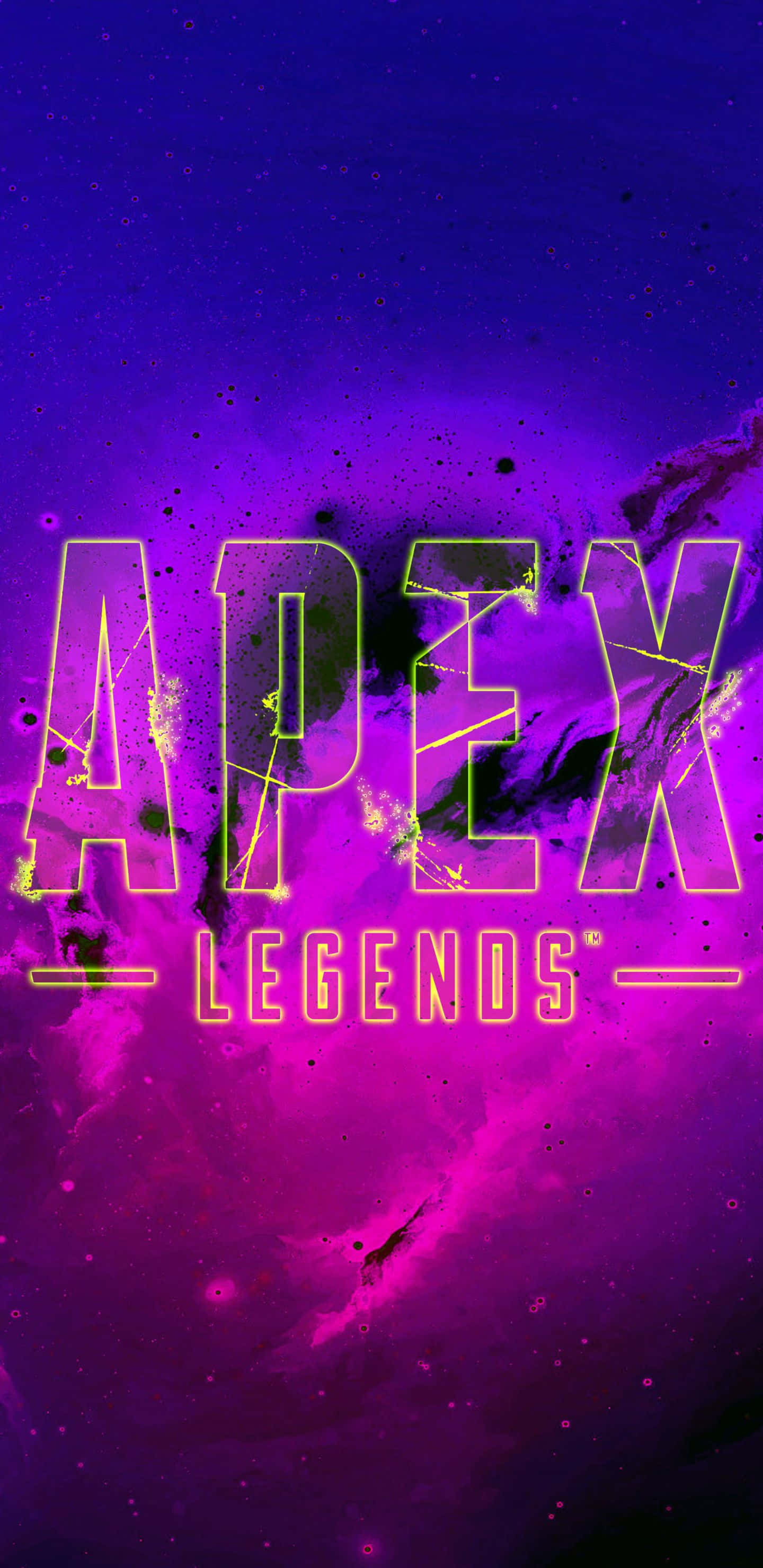 Pixel 3xl Apex Legends 桌布 壁紙 — 充滿活力的紫色和粉紅色宇宙星雲背景，帶有發光的霓虹黃色「APEX LEGENDS」標誌。