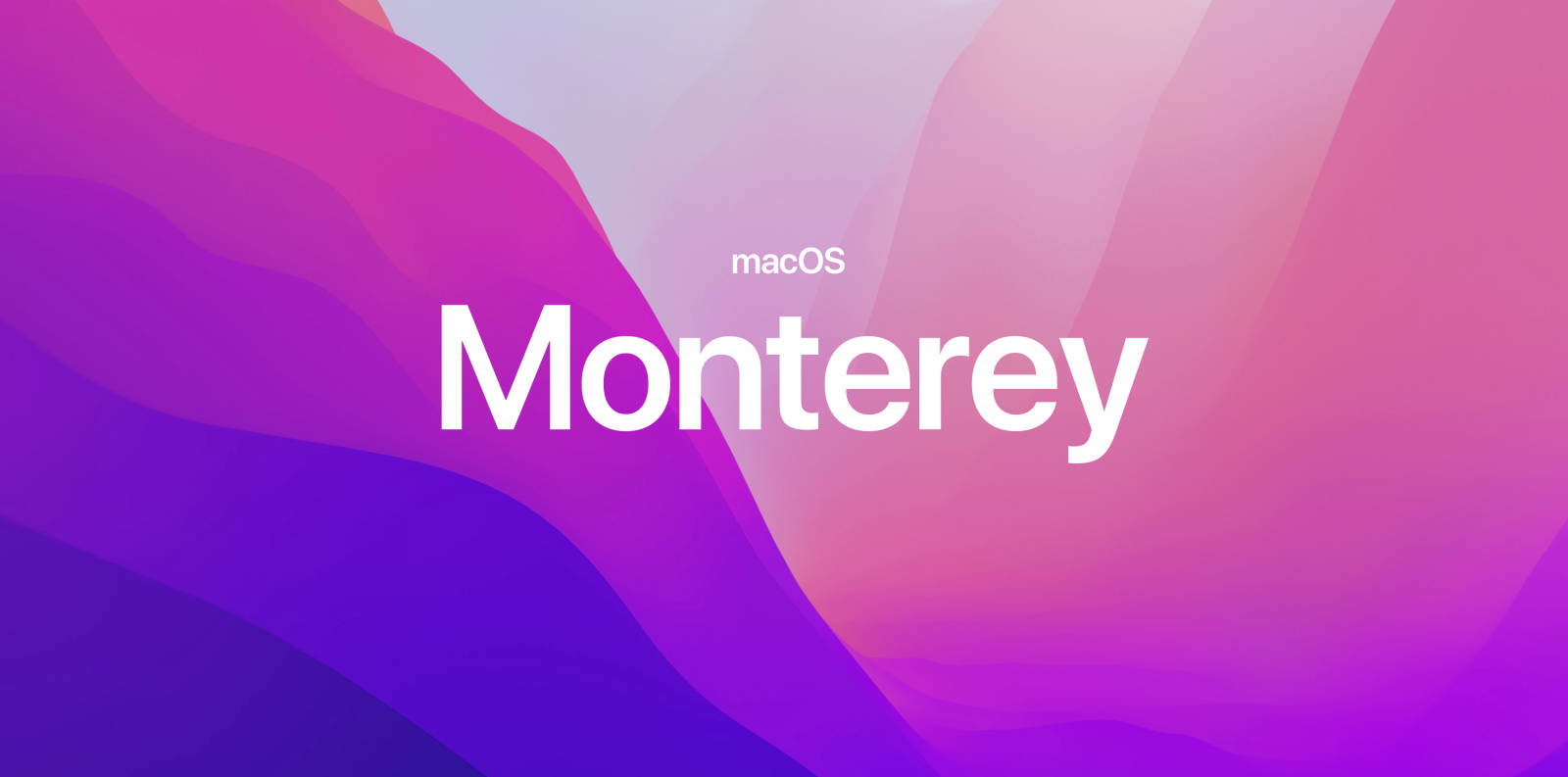 Monterey 桌布 壁紙 — 充滿活力的紫色和粉紅色抽象波浪在粗體白色文字 macOS Monterey 後方流動。