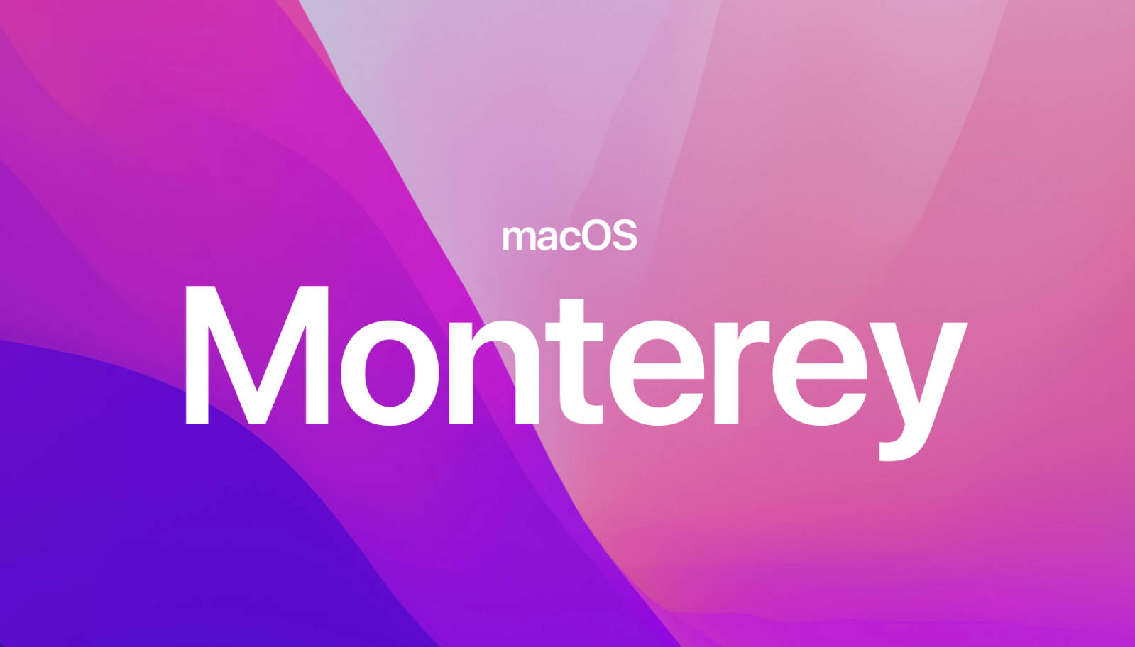 Monterey 桌布 壁紙 — 充滿活力的紫色和粉紅色抽象波浪在粗體白色 macOS Monterey 文字後方流動。