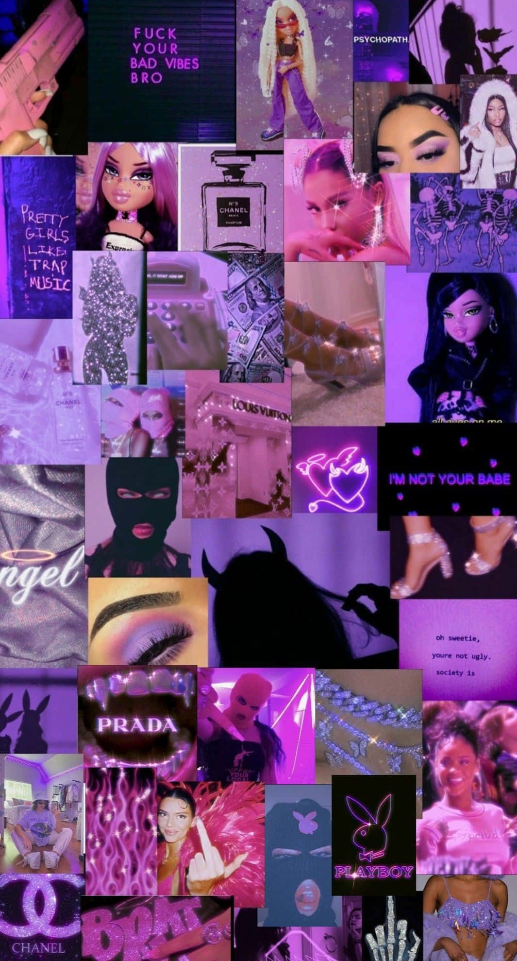 Trippy Aesthetic Baddie 桌布 壁紙 — 充滿活力的紫色和粉紅色拼貼畫，包含流行文化圖標、奢侈品牌和粗體文字片段，呈現混亂的數位美學。