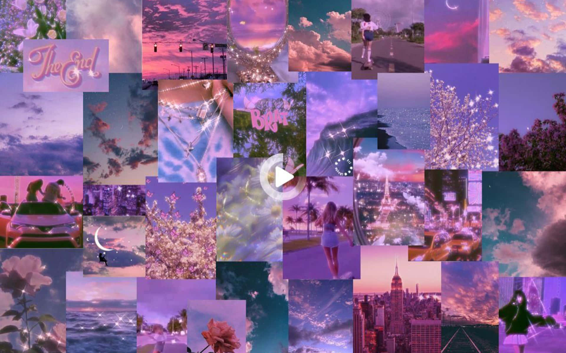 Purple Aesthetic Collage 桌布 壁紙 — 充滿活力的紫色和粉紅色拼貼畫，包含夢幻天空、城市景觀以及帶有發光燈光和文字疊加的浪漫場景。