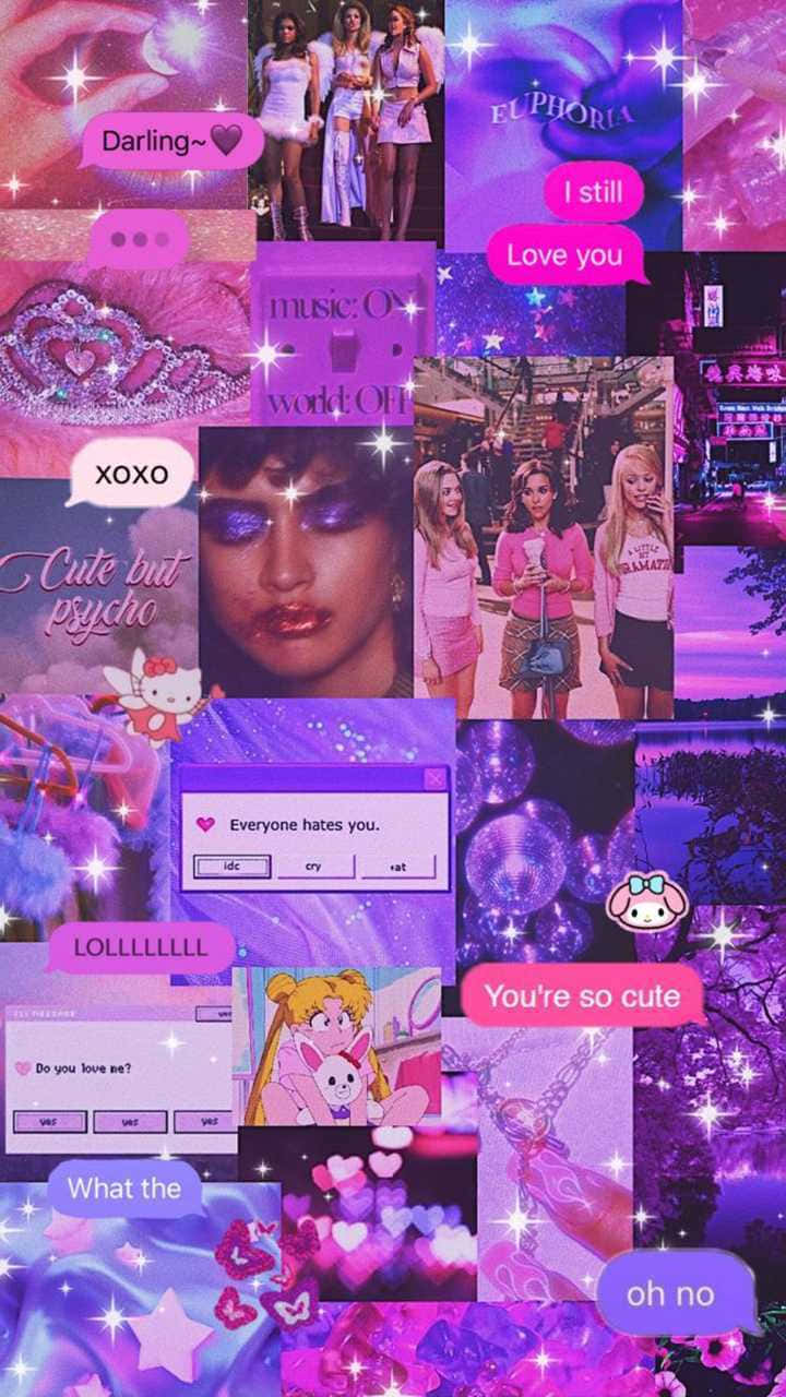 Cyber Y2k 桌布 壁紙 — 充滿活力的紫色和粉紅色數位拼貼畫，包含動漫角色、文字氣泡、閃粉、閃光和流行文化參考。