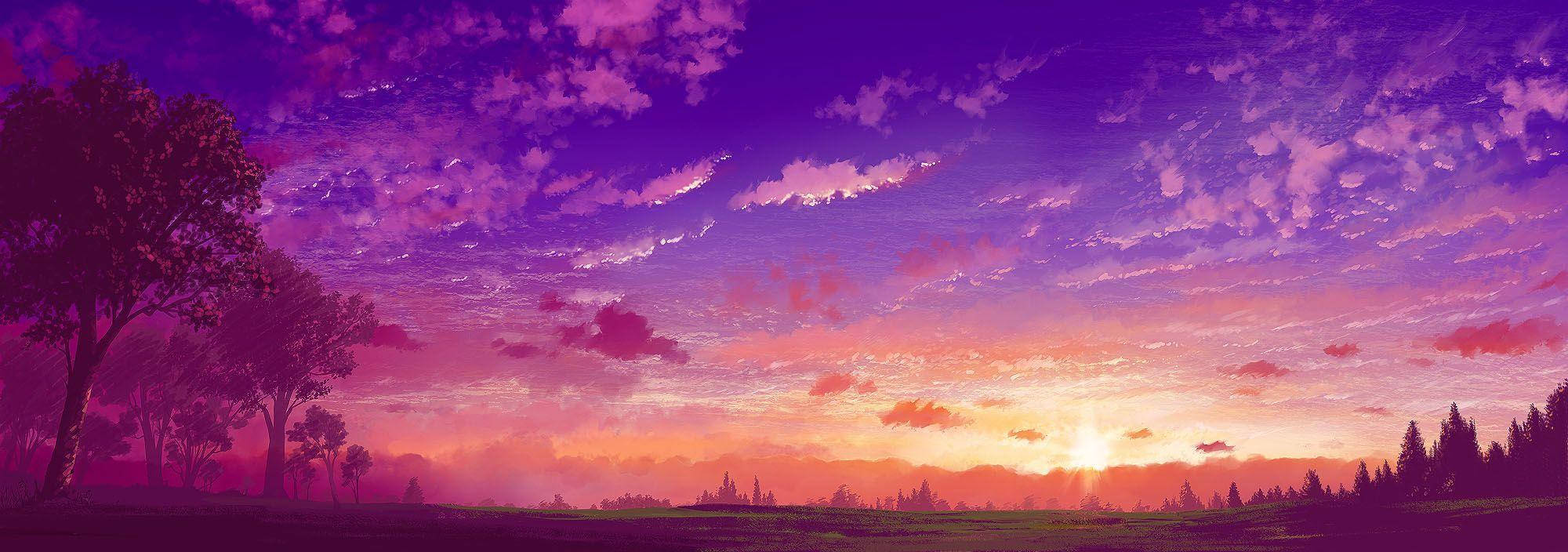 夕陽天空 桌布 壁紙 — 充滿活力的紫色和粉紅色日落，在寧靜的田野上描繪天空，有剪影樹木和遠山。
