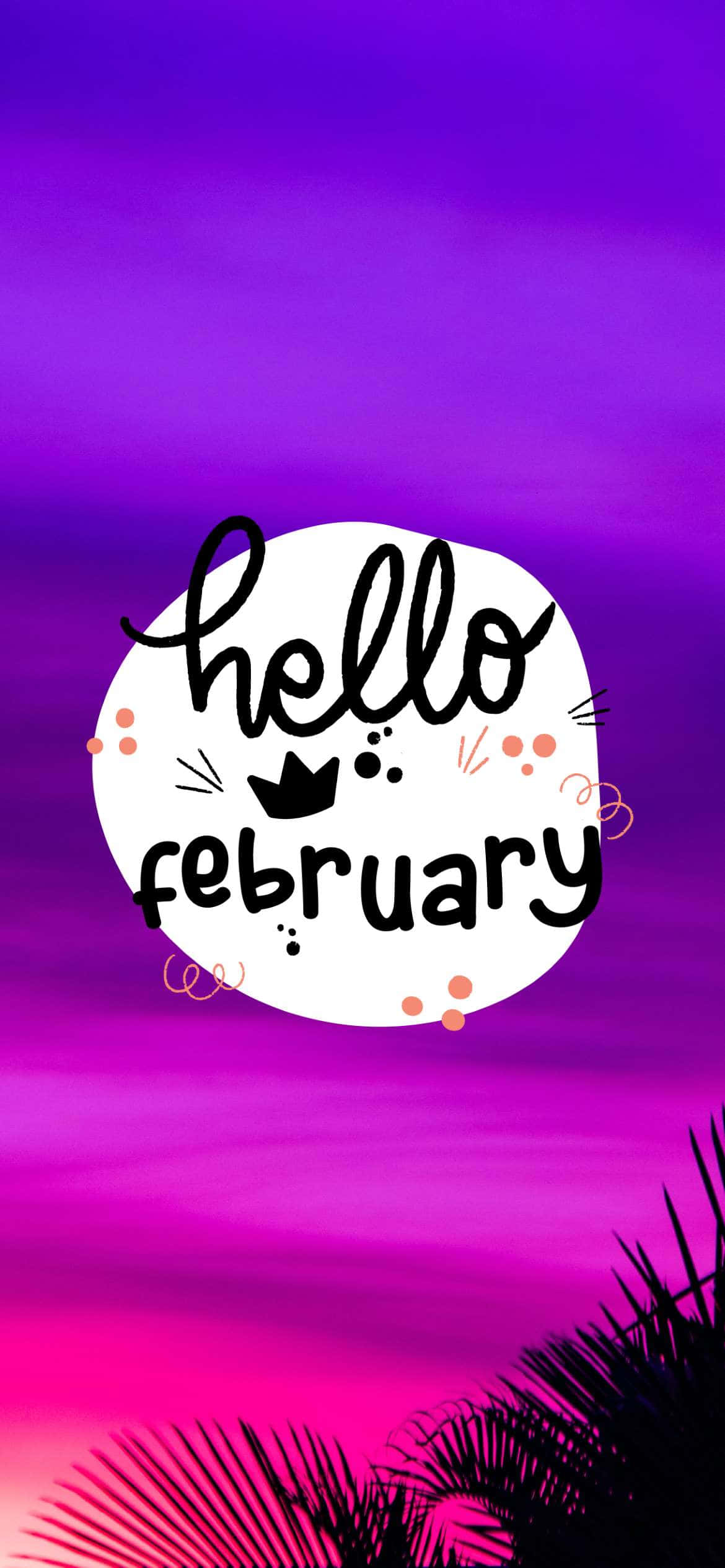 桌布 壁紙 — 充滿活力的紫色和粉紅色漸變天空，白色圓圈內有「hello february」文字，底部有棕櫚葉。