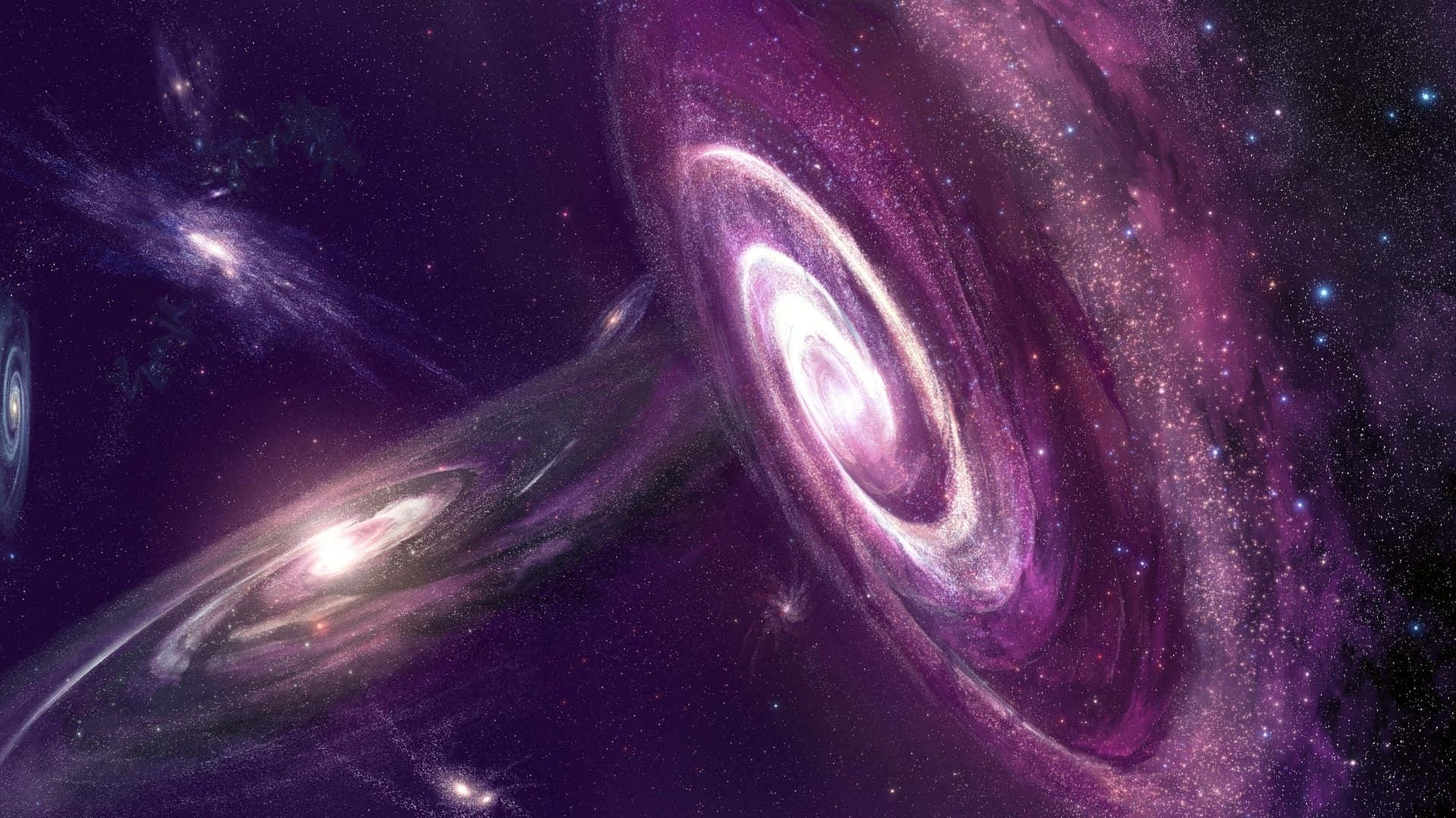 宇宙 桌布 壁紙 — 充滿活力的紫色和粉紅色螺旋星系在繁星點點的宇宙背景下旋轉，呈現出令人嘆為觀止的太空景觀。