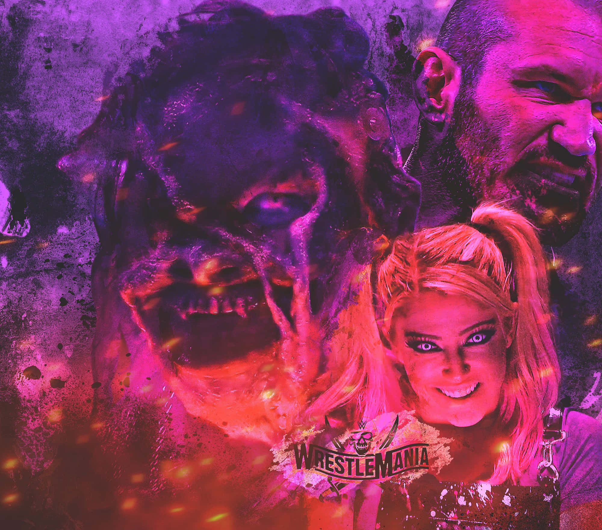 Alexa Bliss 桌布 壁紙 — 充滿活力的紫色和粉紅色霓虹光突出WWE摔角手在粗糙紋理拼貼中的強烈面孔。
