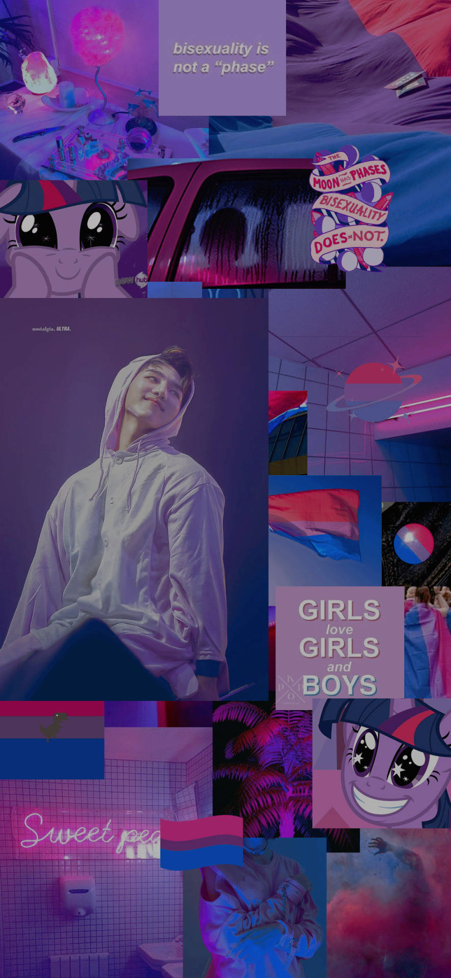 LGBT 桌布 壁紙 — 充滿活力的紫色和粉紅色霓虹拼貼畫， featuring 雙性戀驕傲旗幟、My Little Pony 角色以及關於雙性戀的肯定文字。