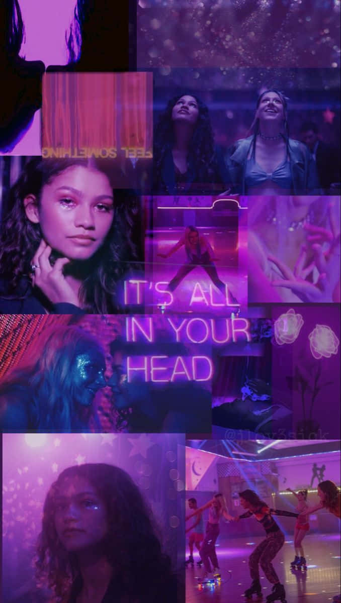 Euphoria Hbo iPhone 桌布 壁紙 — 充滿活力的紫色和粉紅色霓虹拼貼畫， featuring Zendaya 在夢幻閃爍的夜生活場景中，有跳舞的人物和發光的文字。