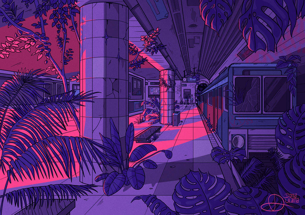 Digital 桌布 壁紙 — 充滿活力的紫色和粉紅色霓虹燈照亮了一個被茂密熱帶植物和藤蔓覆蓋的火車站。