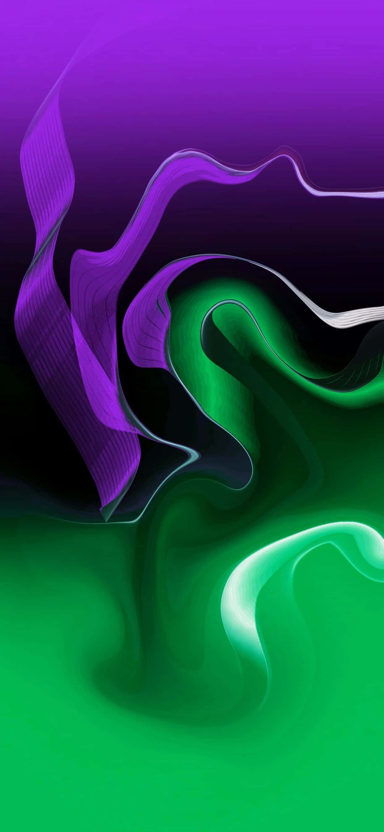Purple And Green 桌布 壁紙 — 充滿活力的紫色和綠色液體狀絲帶在深色漸變背景上動態流動。