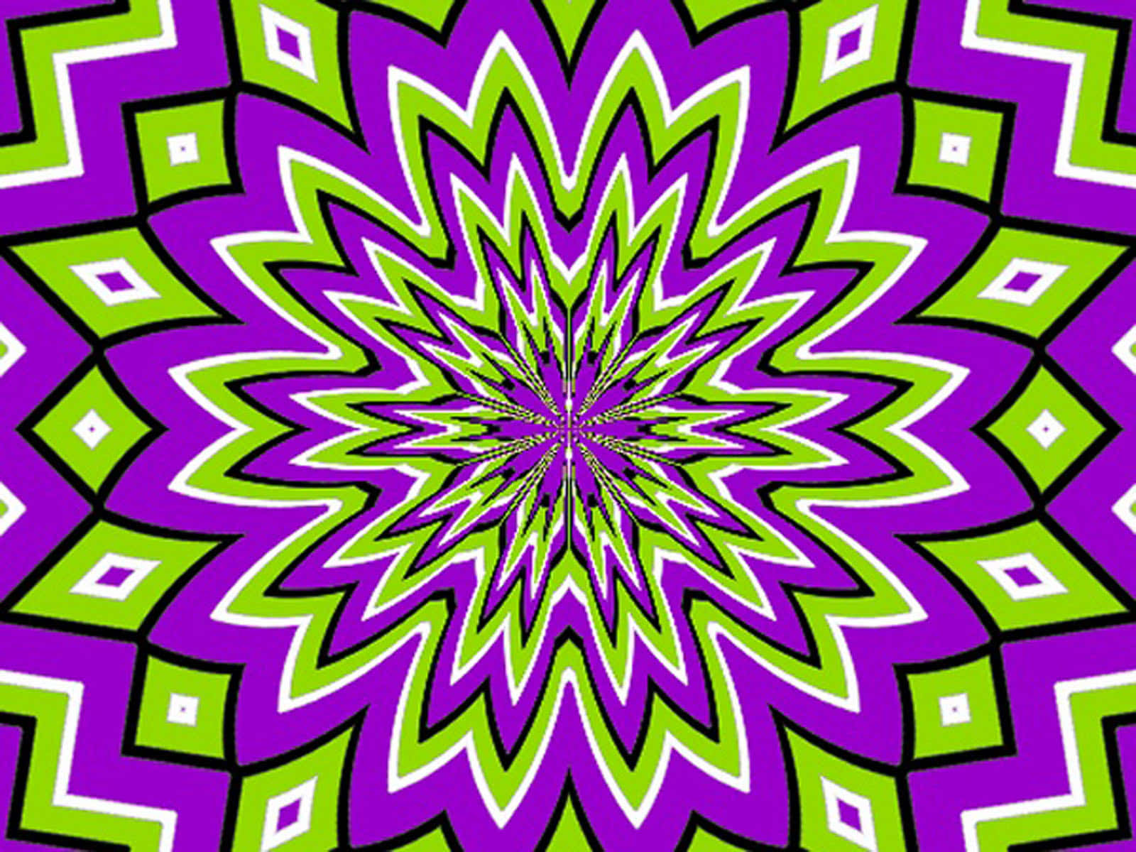 Optical Illusions 桌布 壁紙 — 充滿活力的紫色和萊姆綠色幾何圖案以催眠般的星爆對稱向外輻射，帶有粗體的白色輪廓。