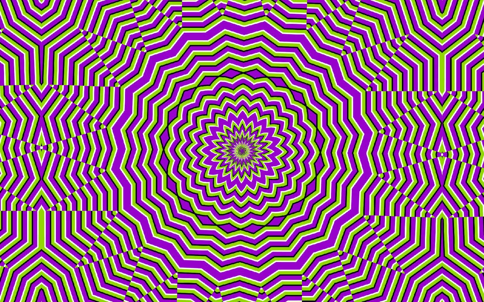 Optical Illusions 桌布 壁紙 — 充滿活力的紫色和萊姆綠色鋸齒形圖案從中央的星爆向外輻射，營造出催眠般的視錯覺。