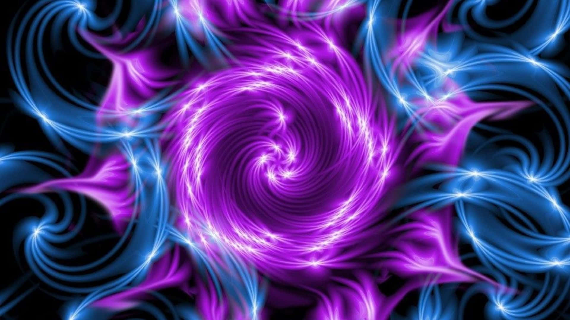 Optical Illusions 桌布 壁紙 — 充滿活力的紫色和藍色分形漩渦在黑色背景上散發能量，並帶有發光的星狀點。