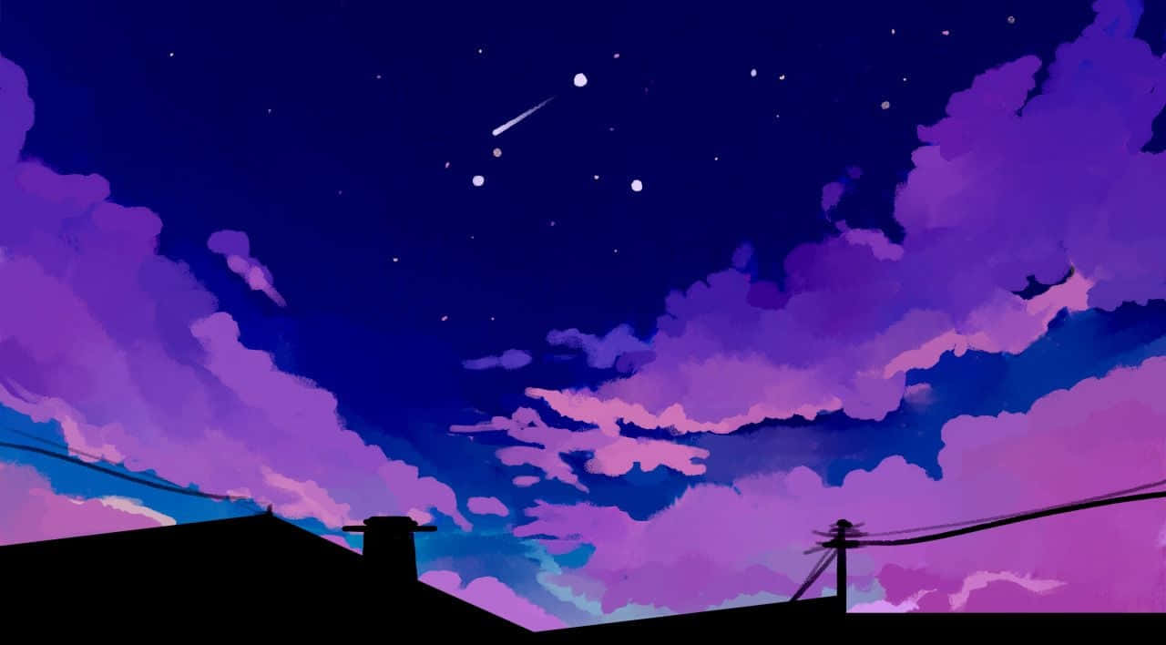 Pastel Blue Aesthetic Desktop 桌布 壁紙 — 充滿活力的紫色和藍色夜空，星星和流星在剪影屋頂和電線上方。