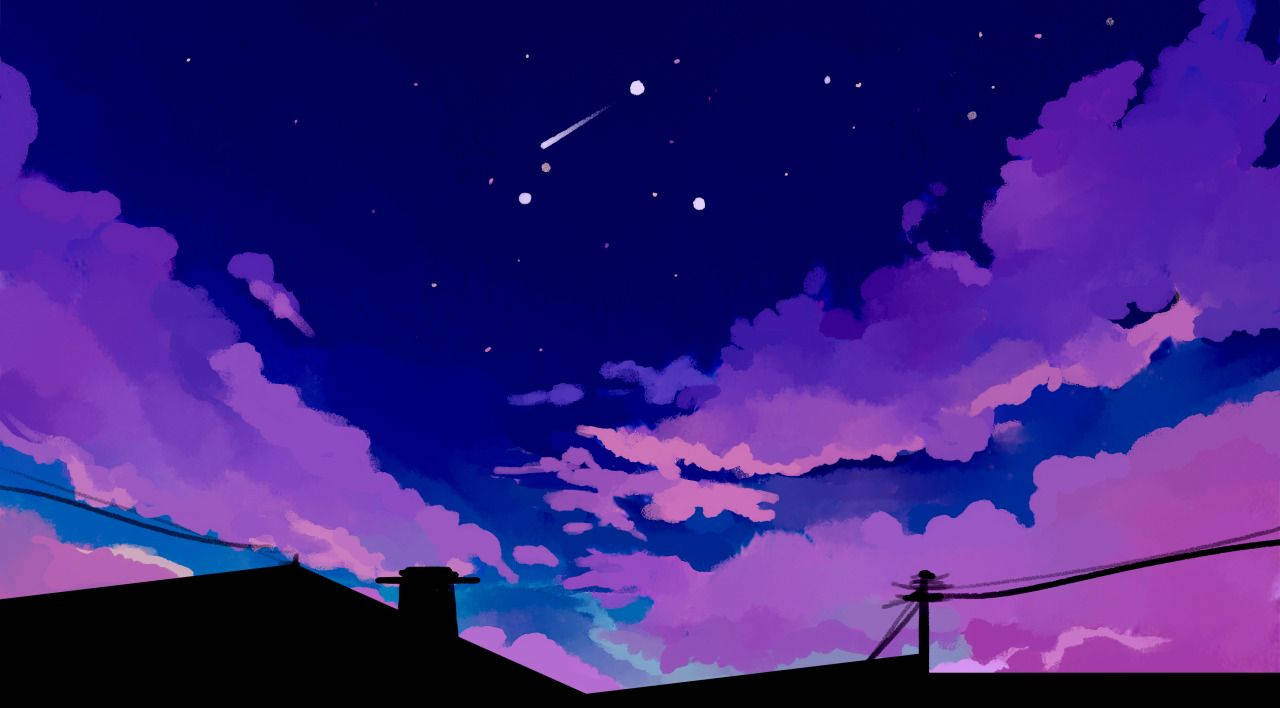 夜空 桌布 壁紙 — 充滿活力的紫色和藍色夜空，星星和流星在剪影屋頂和電線上方。