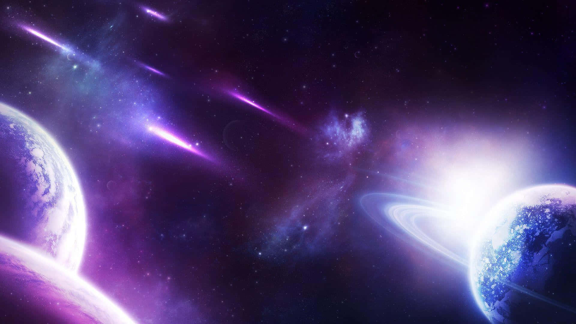 High Resolution Galaxy 桌布 壁紙 — 充滿活力的紫色和藍色宇宙場景，發光的行星環和流星在繁星點點的星雲中劃過。