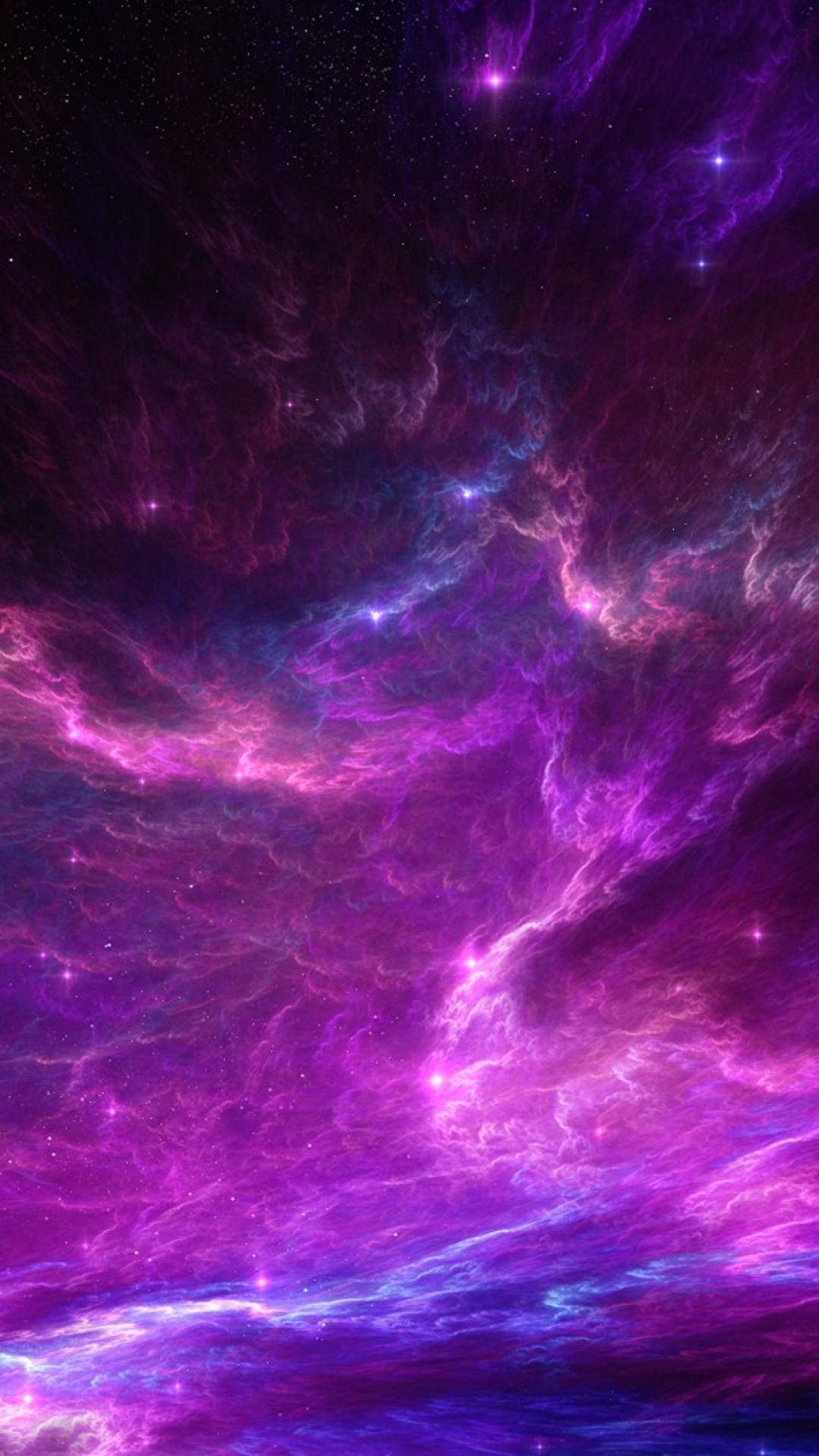 雲朵 桌布 壁紙 — 充滿活力的紫色和藍色宇宙星雲，閃爍的星星在黑暗的太空畫布上旋轉。