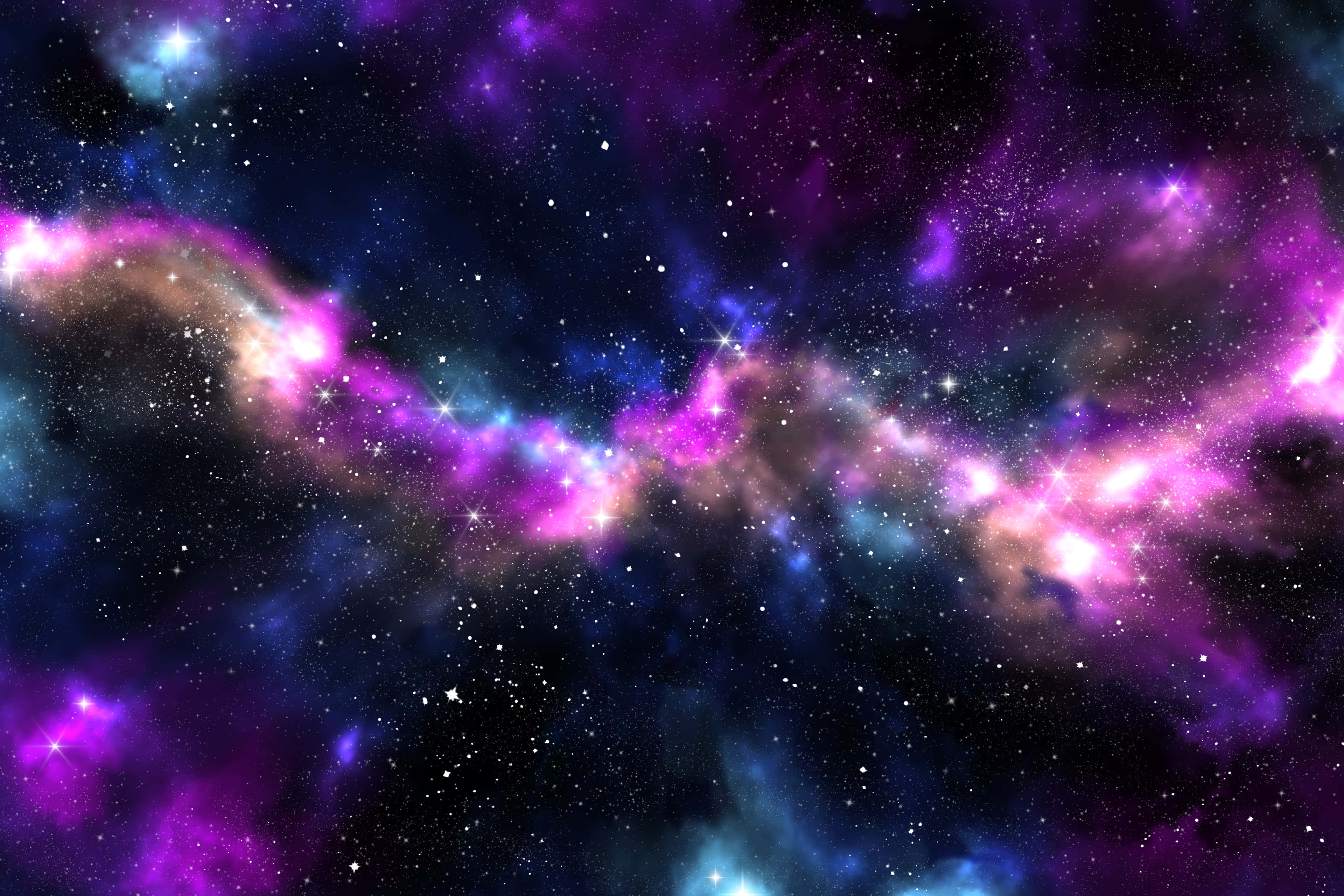 桌布 壁紙 — 充滿活力的紫色和藍色宇宙星雲在深邃的黑色太空背景下與發光的星星一起旋轉。