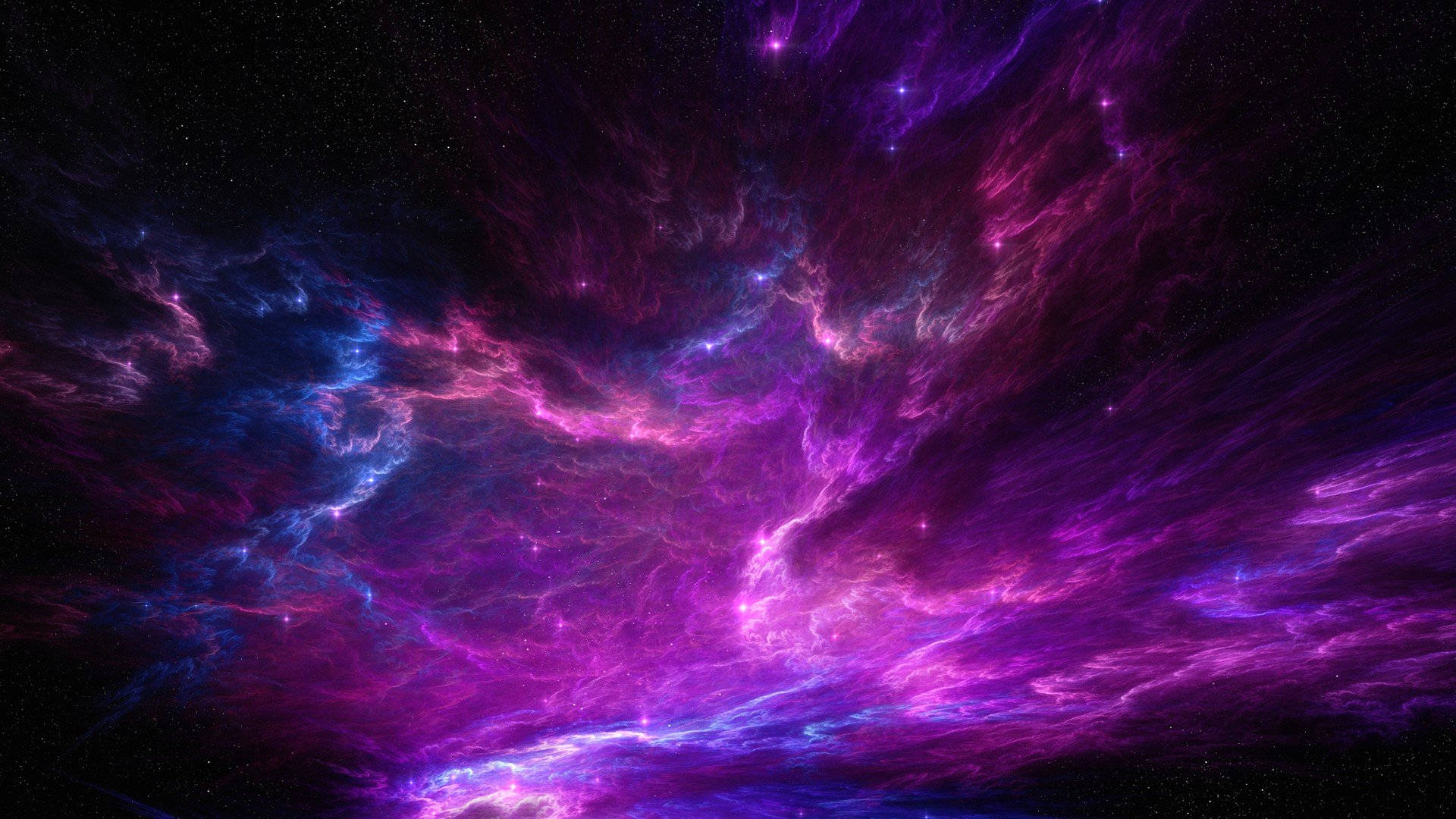 紫色 桌布 壁紙 — 充滿活力的紫色和藍色宇宙星雲在繁星點點的黑色虛空中旋轉，構成令人嘆為觀止的太空場景。