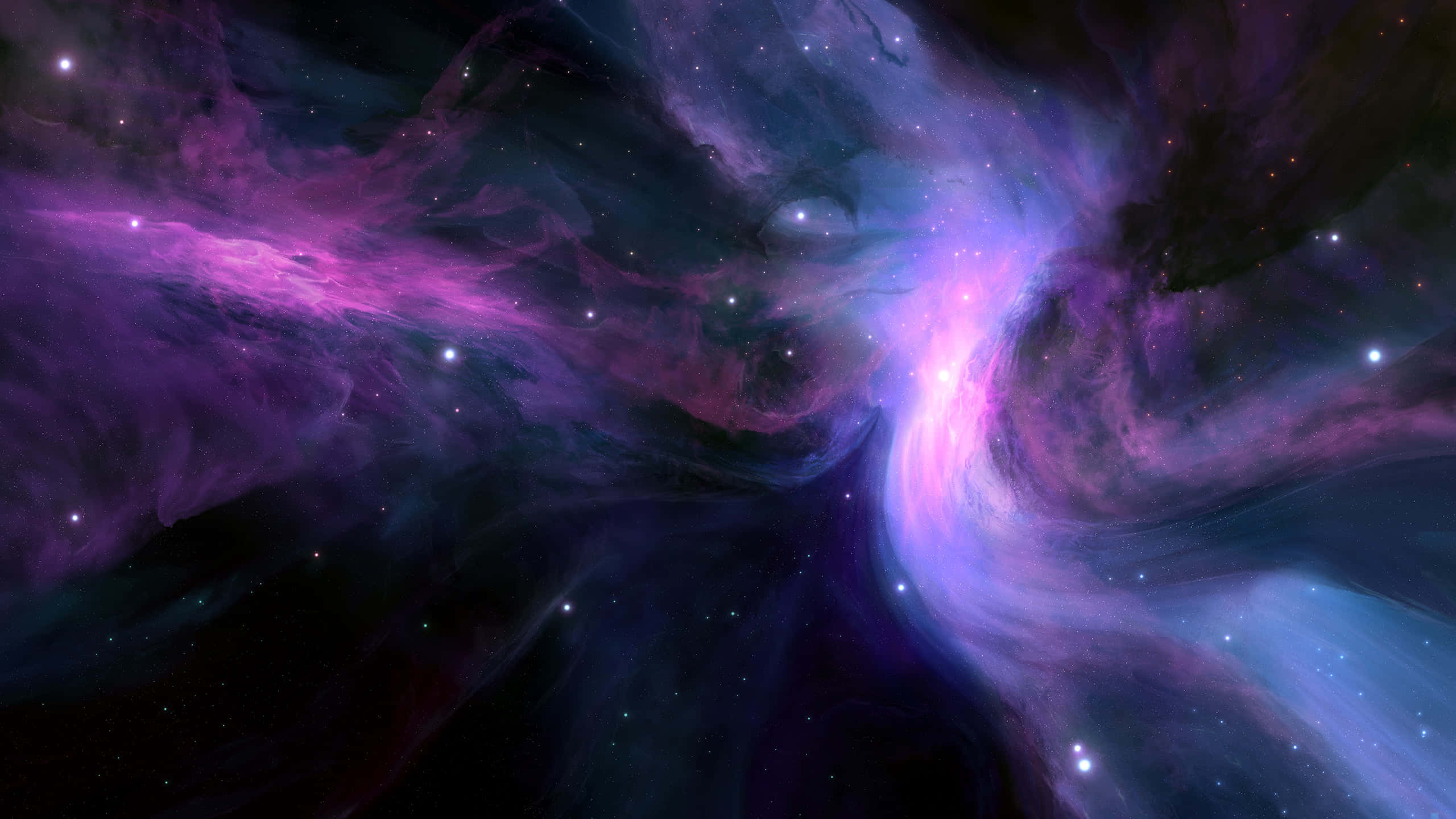 1440p Space 桌布 壁紙 — 充滿活力的紫色和藍色宇宙星雲在黑暗的太空背景下旋轉，伴隨著發光的星星。