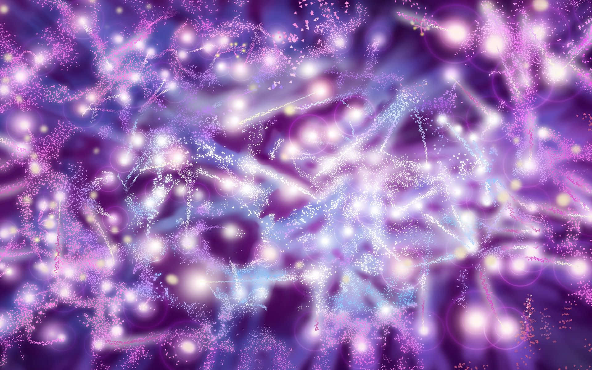 閃閃發光 桌布 壁紙 — 充滿活力的紫色和藍色宇宙粒子在夢幻般的抽象空間中與發光的球體旋轉。