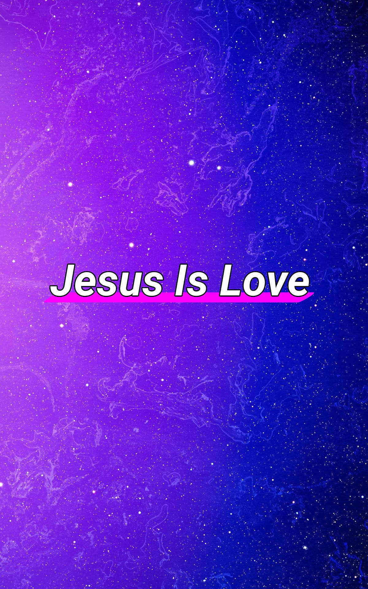Jesus Aesthetic 桌布 壁紙 — 充滿活力的紫色和藍色宇宙背景，帶有閃爍的星星和粗體白色文字 Jesus Is Love，並以粉紅色底線標示。