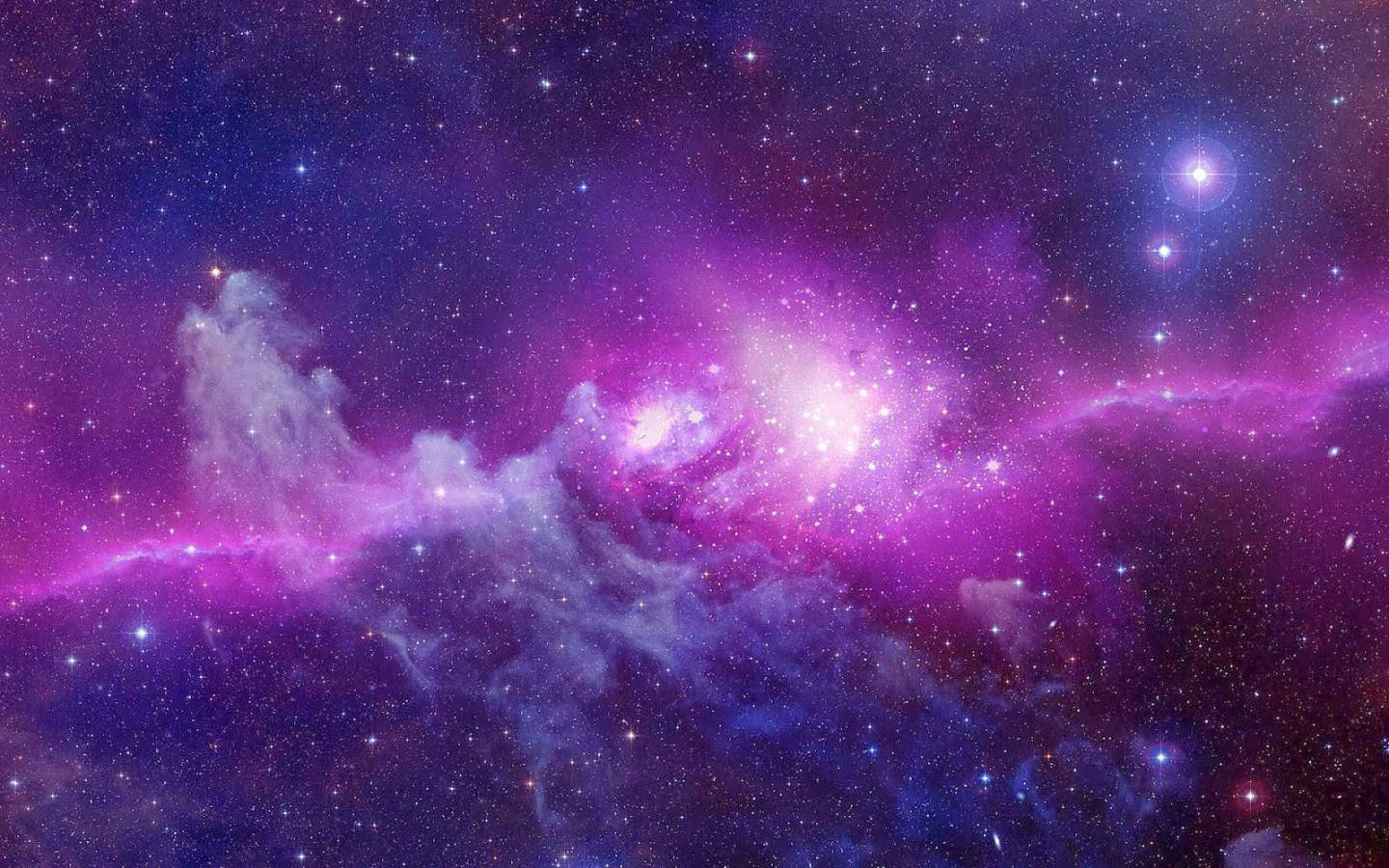 Violet 桌布 壁紙 — 充滿活力的紫色和藍色宇宙雲層與發光的星星在令人嘆為觀止的深空星雲中旋轉。