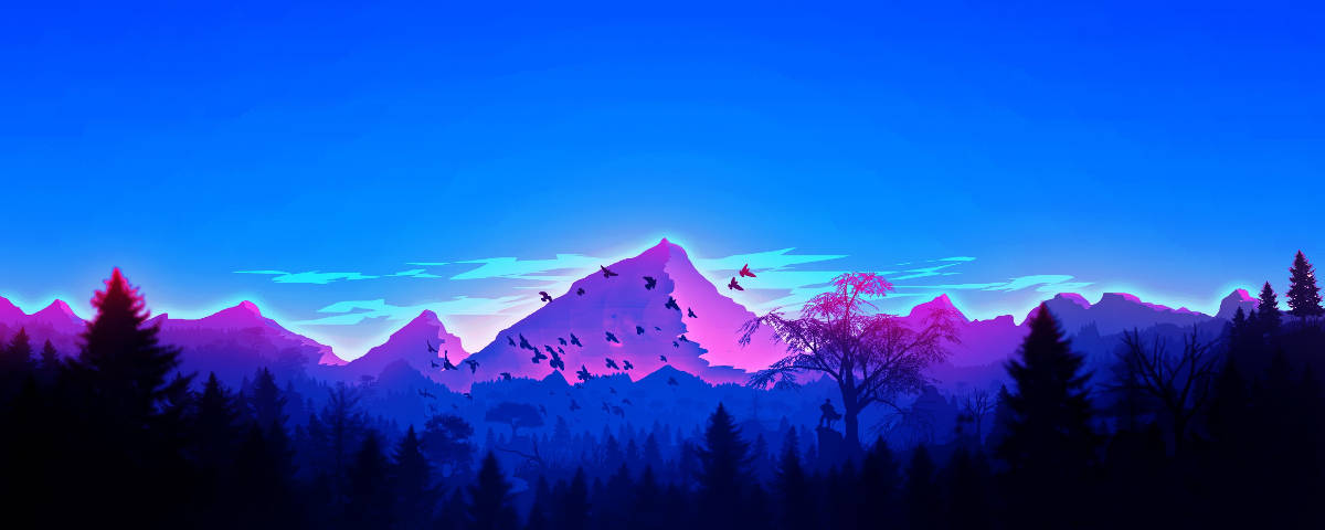 Mountain Aesthetic 桌布 壁紙 — 充滿活力的紫色和藍色山脈在黃昏時發光，剪影樹木和飛鳥映襯著漸變的天空。