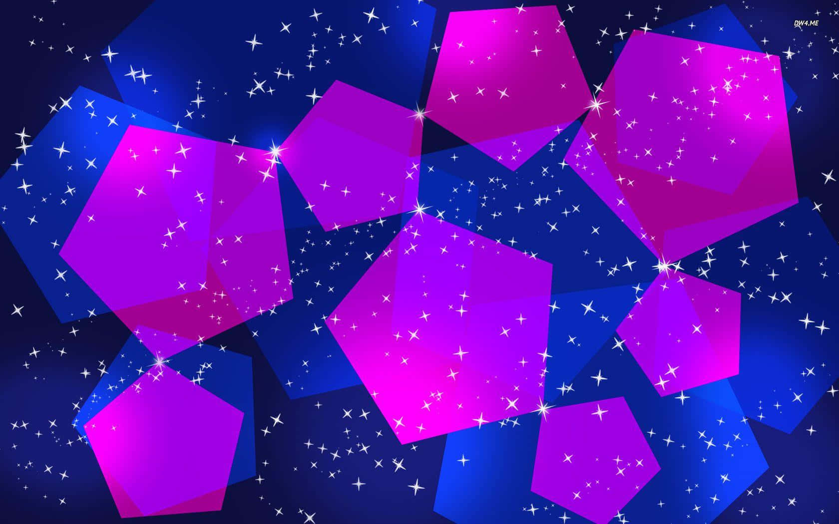 Pink And Blue 桌布 壁紙 — 充滿活力的紫色和藍色幾何六邊形在星光燦爛的宇宙背景上漂浮，帶有閃爍的高光。