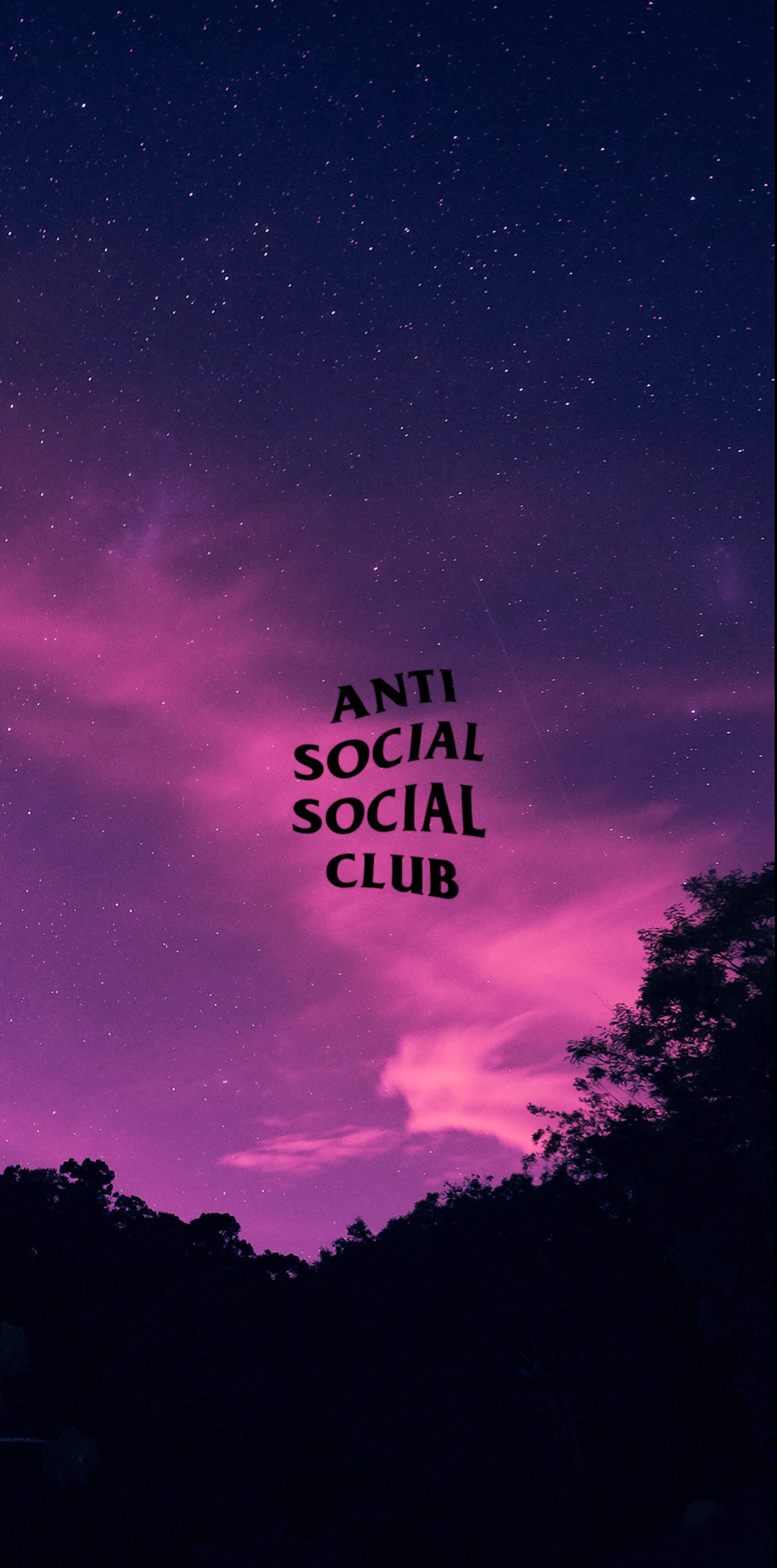 club 桌布 壁紙 — 充滿活力的紫色和藍色星空，文字「ANTI SOCIAL SOCIAL CLUB」漂浮在剪影樹木之上。