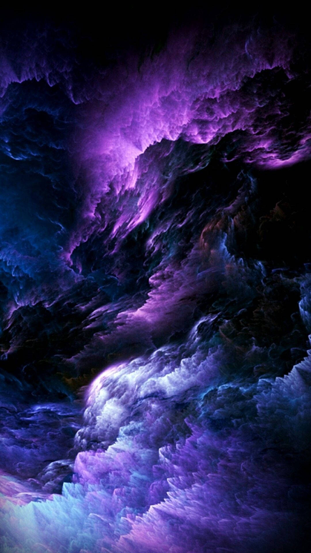 手機 桌布 壁紙 — 充滿活力的紫色和藍色星雲雲團在深邃的黑色宇宙虛空中戲劇性地旋轉。