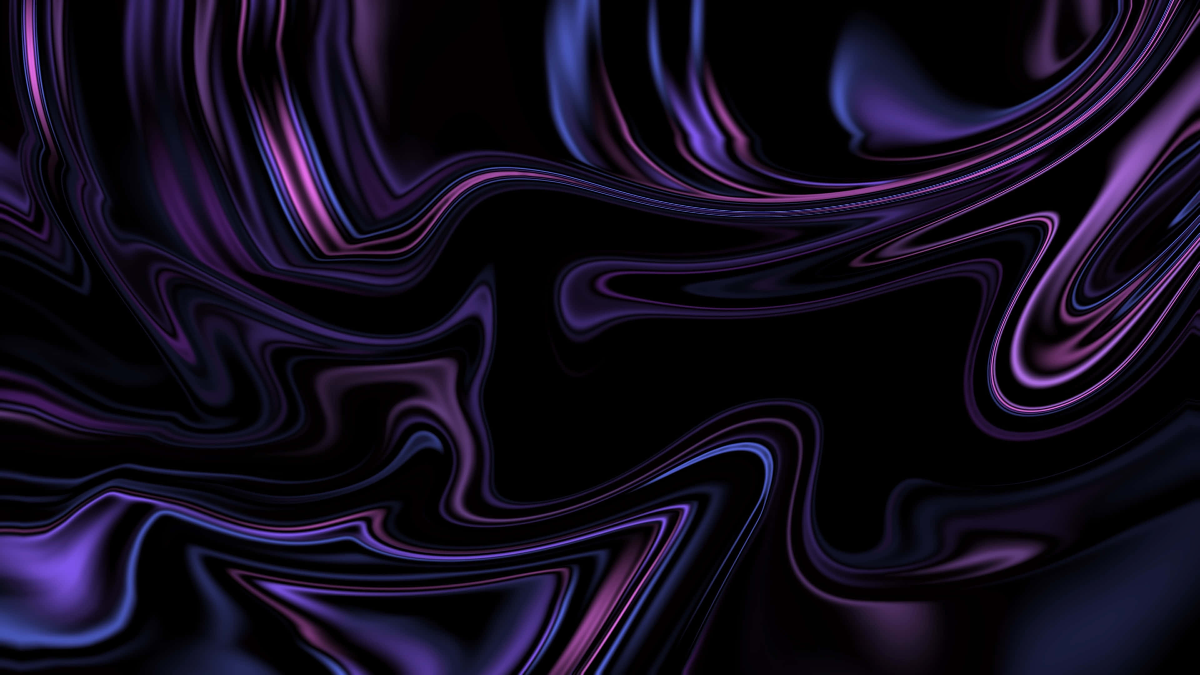Swirl 桌布 壁紙 — 充滿活力的紫色和藍色液體波浪在深黑色背景上動態流動，形成迷人的數位抽象作品。