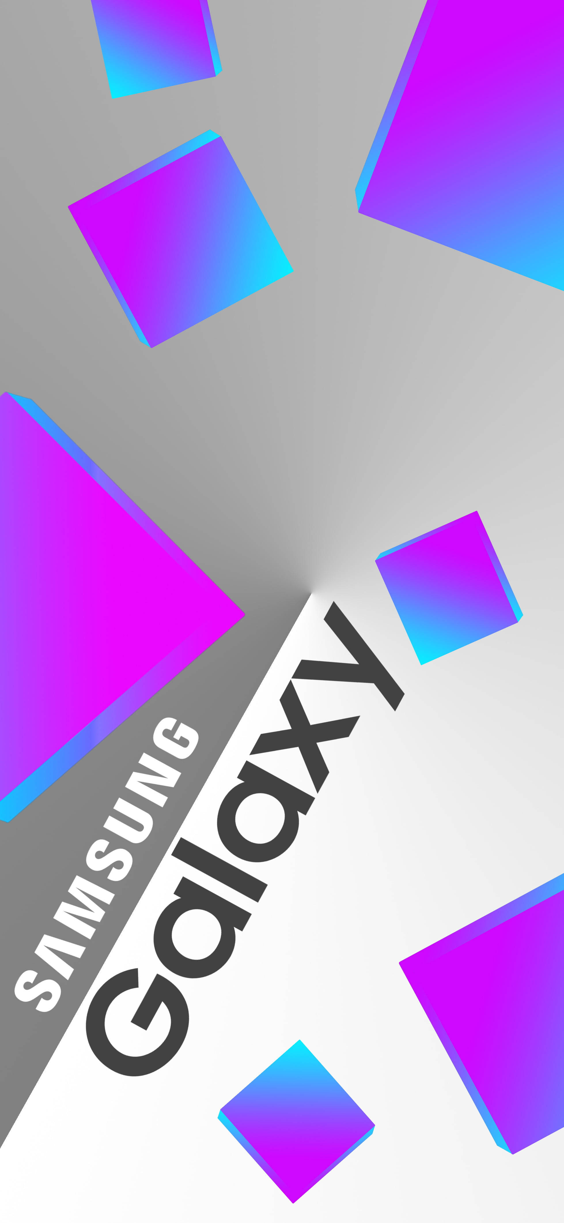 三星 桌布 壁紙 — 充滿活力的紫色和藍色漸變立方體在帶有Samsung Galaxy品牌的時尚灰色和白色背景上對角漂浮。