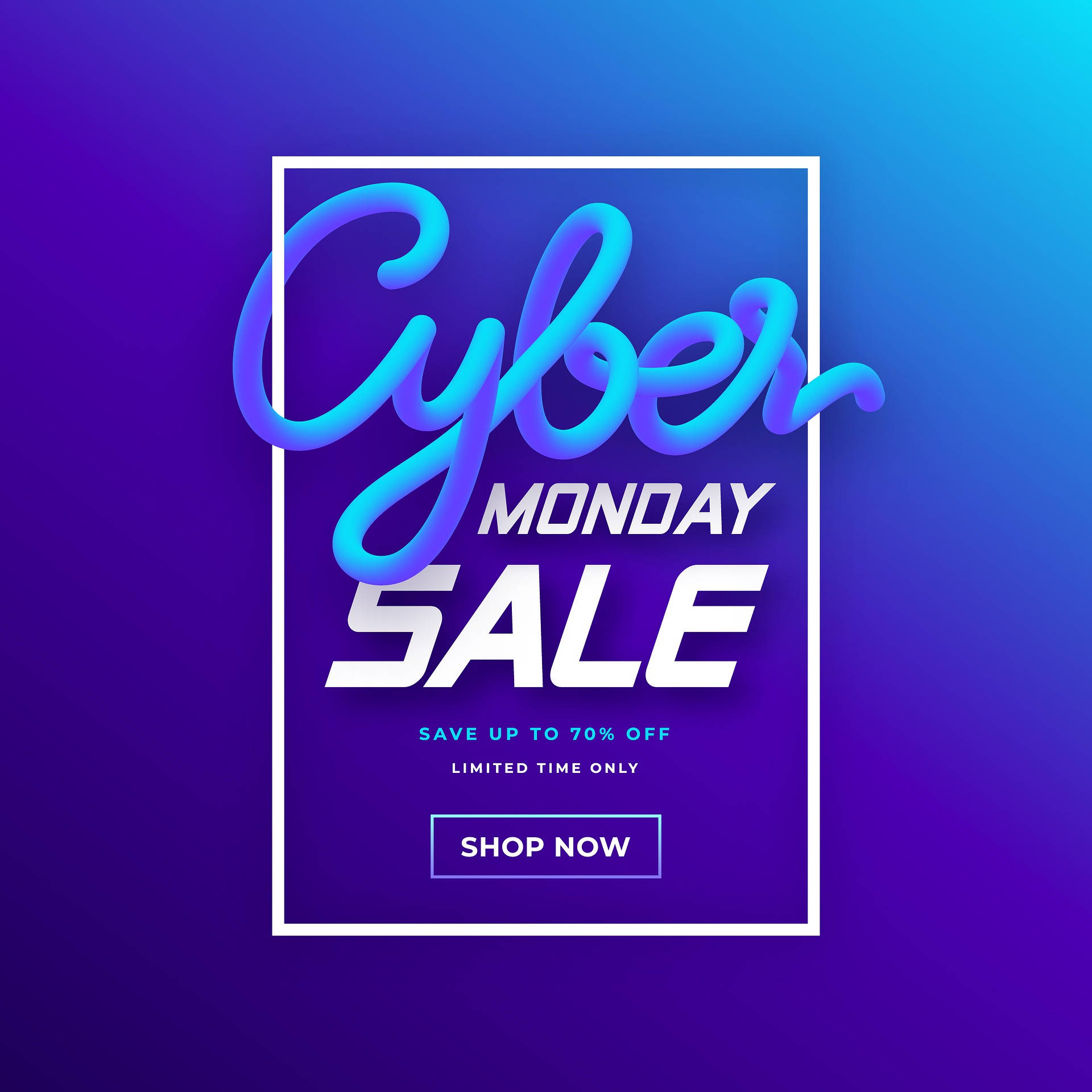 Shopping 桌布 壁紙 — 充滿活力的紫色和藍色漸變背景，帶有粗體3D網路星期一促銷文字和立即購買按鈕。