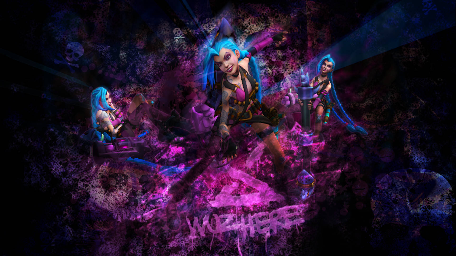 Jinx 桌布 壁紙 — 充滿活力的紫色和藍色霓虹燈照亮了三個風格化的女性角色，身處一個混亂、佈滿塗鴉的城市場景中。