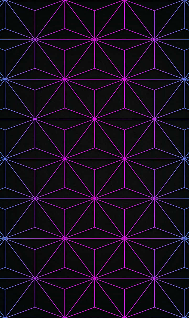720x1208 桌布 壁紙 — 充滿活力的紫色和藍色霓虹線條在黑色背景上形成重複的幾何星爆圖案。