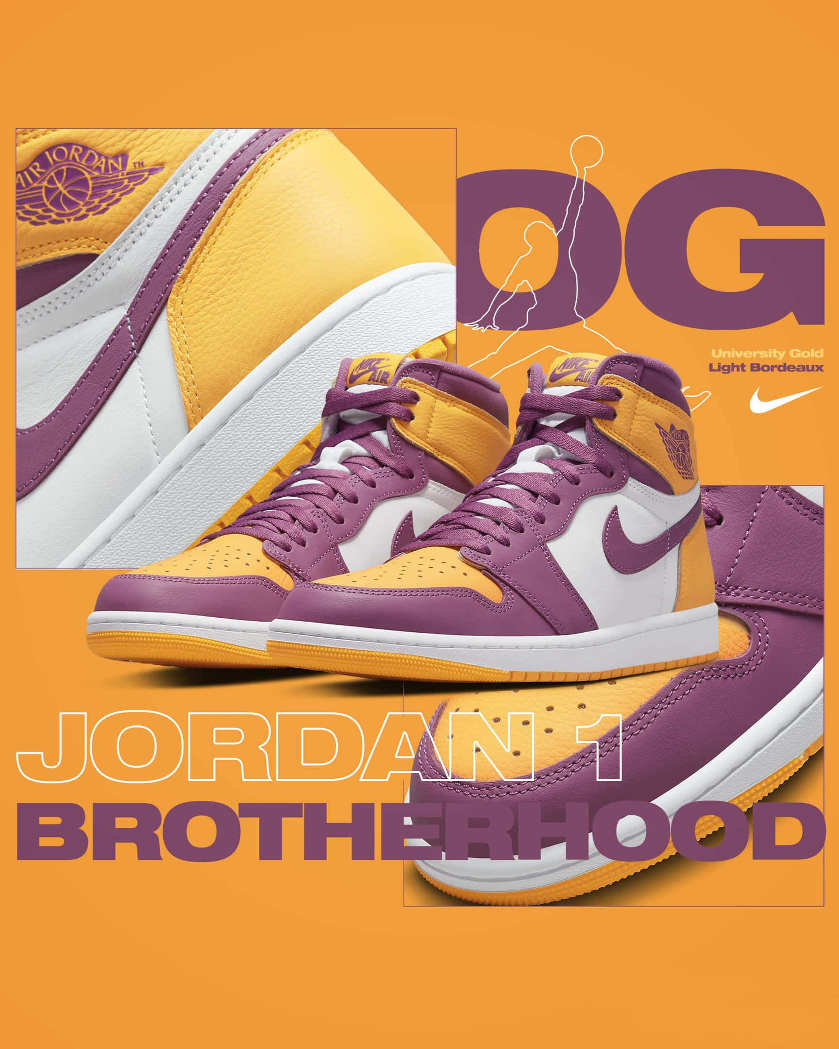 Yellow Jordan 桌布 壁紙 — 充滿活力的紫色和金色 Jordan 1 運動鞋，在鮮豔的橙色背景上以動態特寫鏡頭展示，並帶有 'DG' 和 'BROTHERHOOD' 文字疊加。
