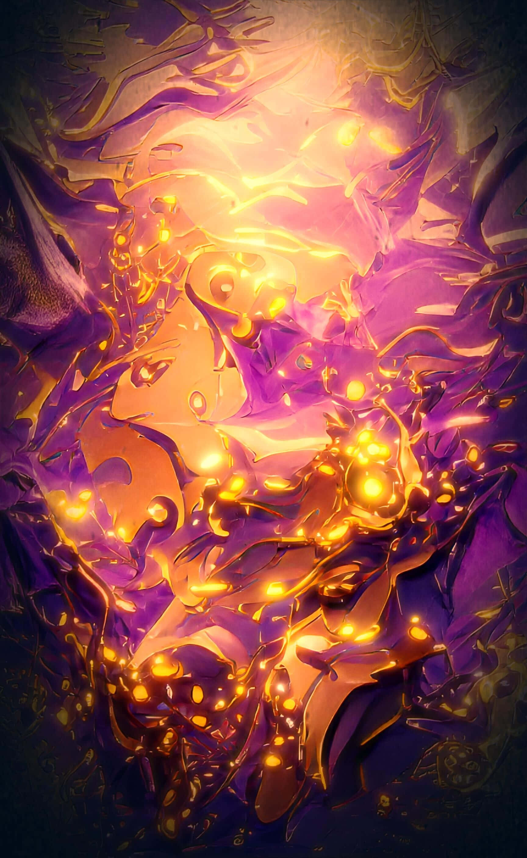 Gold Sparkles 桌布 壁紙 — 充滿活力的紫色和金色液體在發光的抽象圖案中流動，並嵌有發光球體。