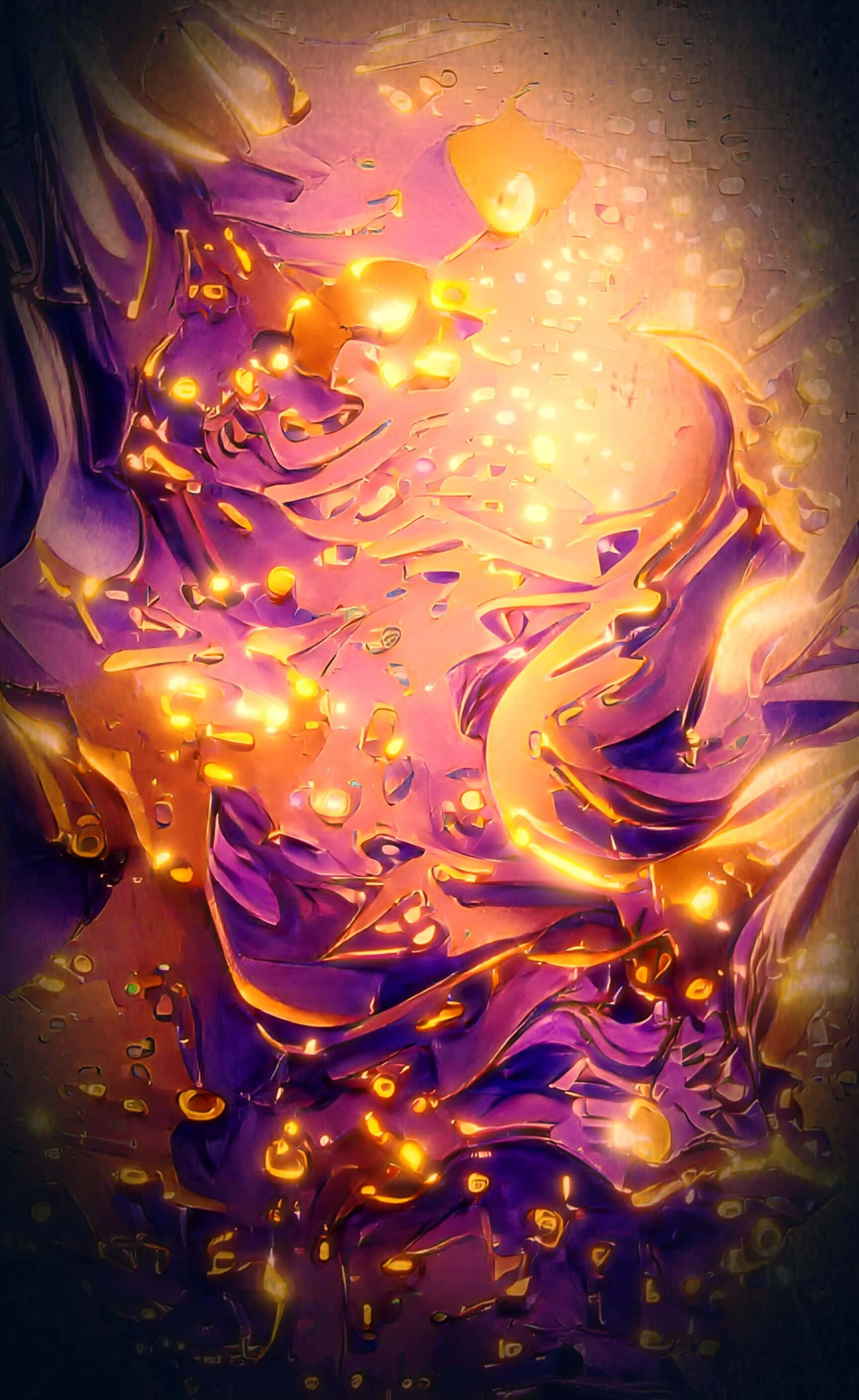 Gold Glitter 桌布 壁紙 — 充滿活力的紫色和金色液體流動，帶有發光粒子，營造出超現實的數位抽象場景。