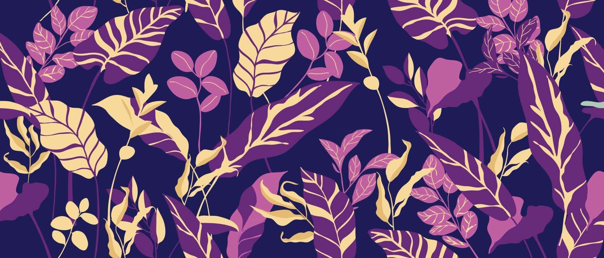 Art Nouveau 桌布 壁紙 — 充滿活力的紫色和金色葉片圖案在深海軍藍背景上漂浮，呈現出風格化的植物設計。