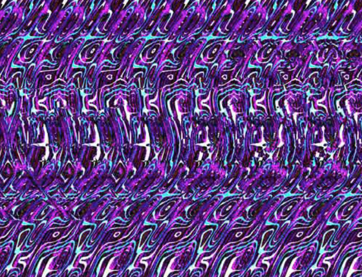 Magic Eye 桌布 壁紙 — 充滿活力的紫色和青色抽象波浪在帶有發光霓虹色調的迷幻數位圖案上蕩漾。